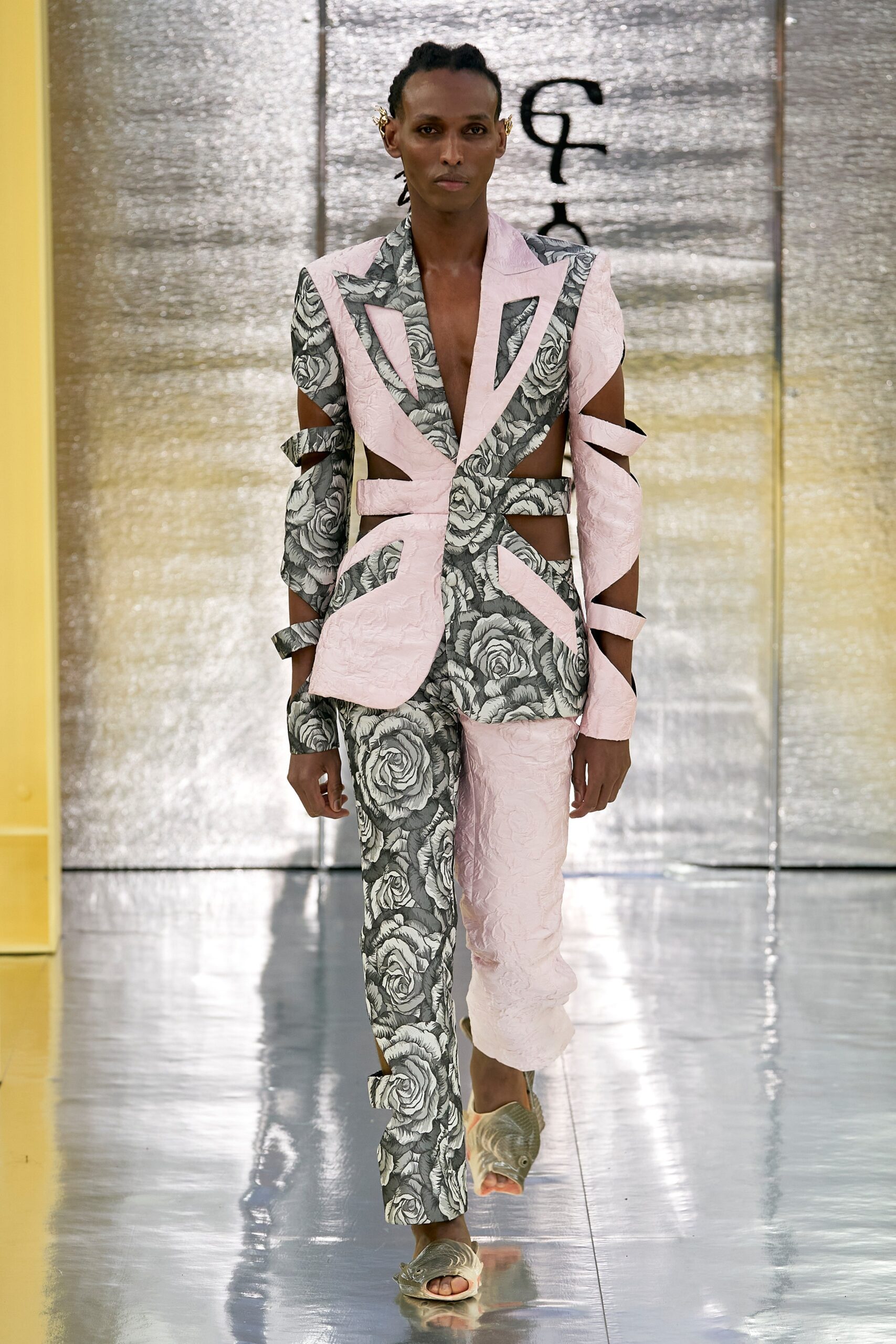 pink and gray embroidered suit