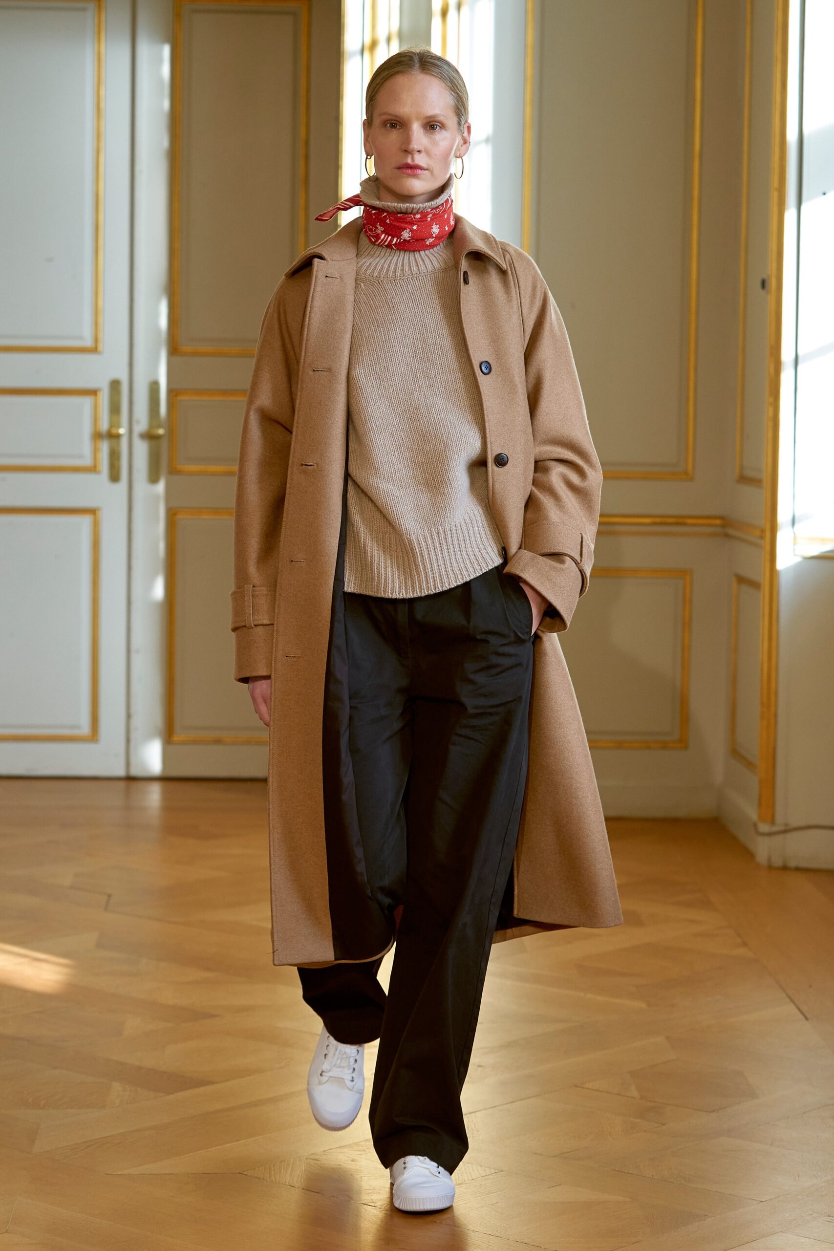 beige wool coat with gray sweater