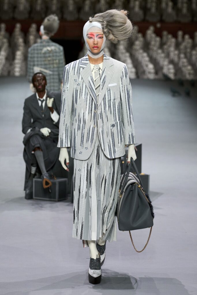 striped tailored suit with bag