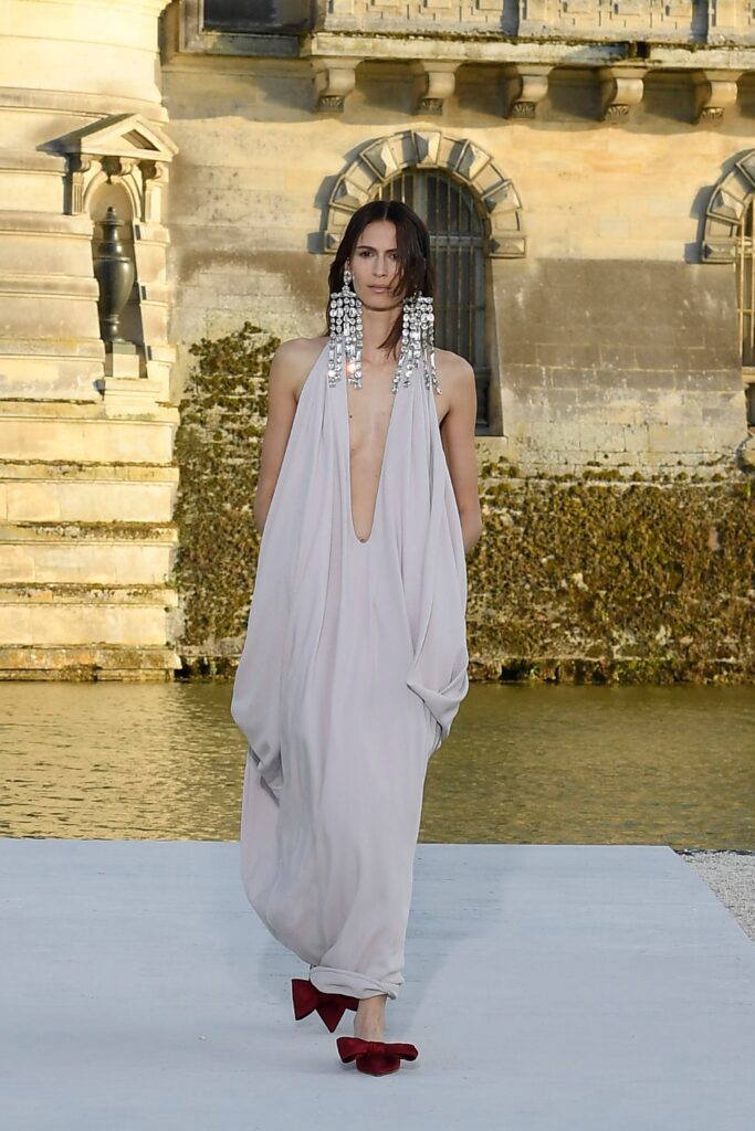 beige silk sleeveless gown