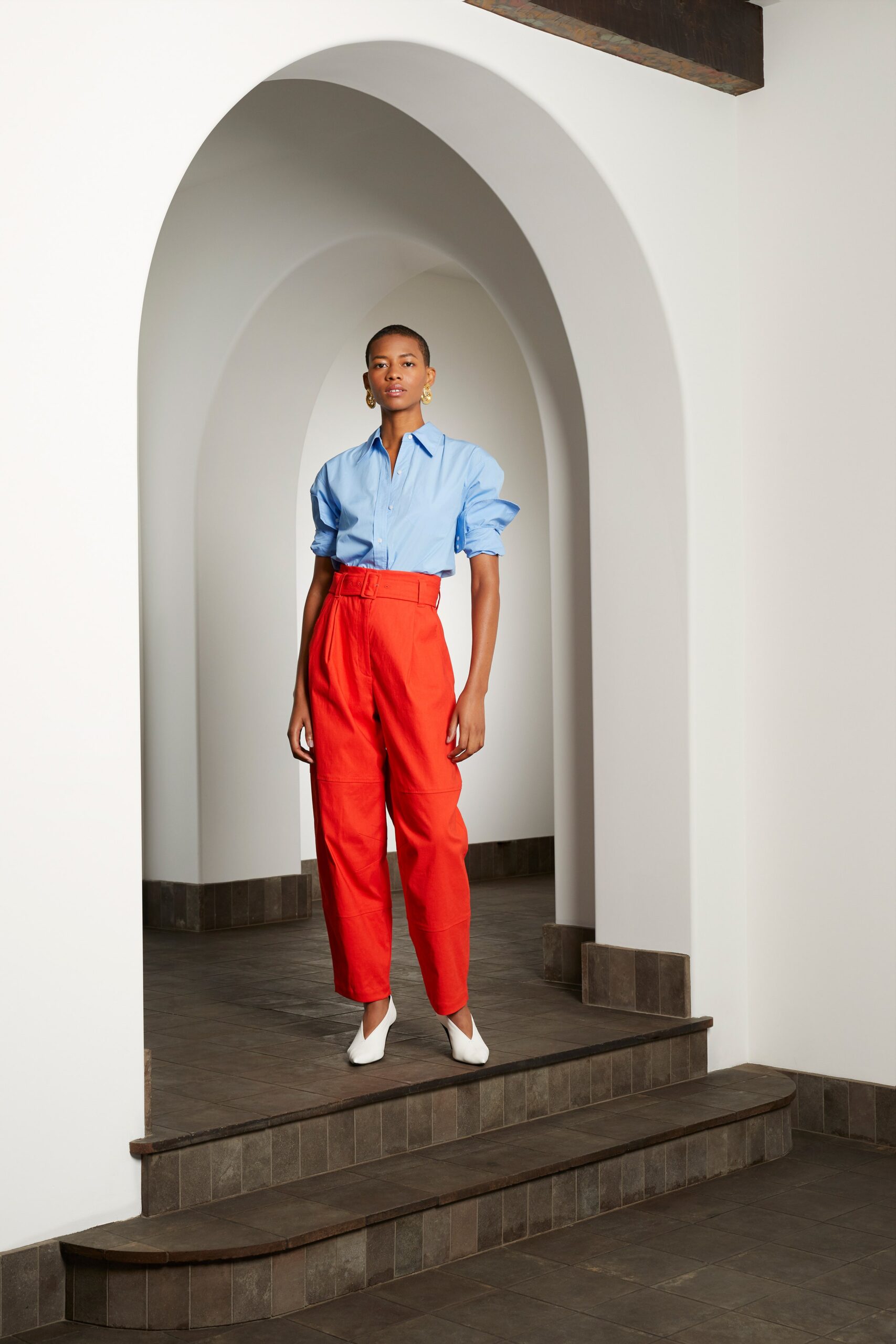 blue shirt red tailored pants