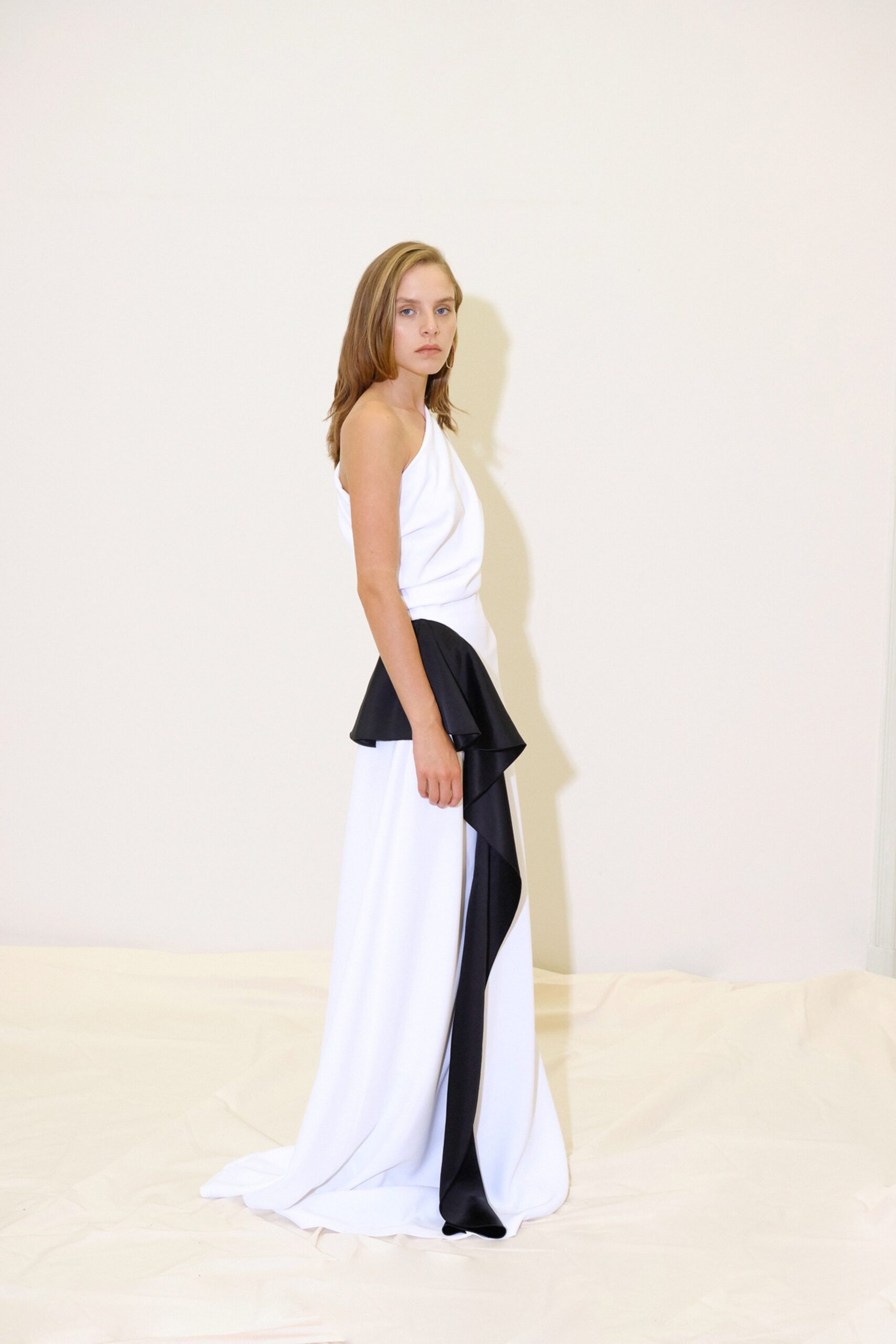white and black silk gown
