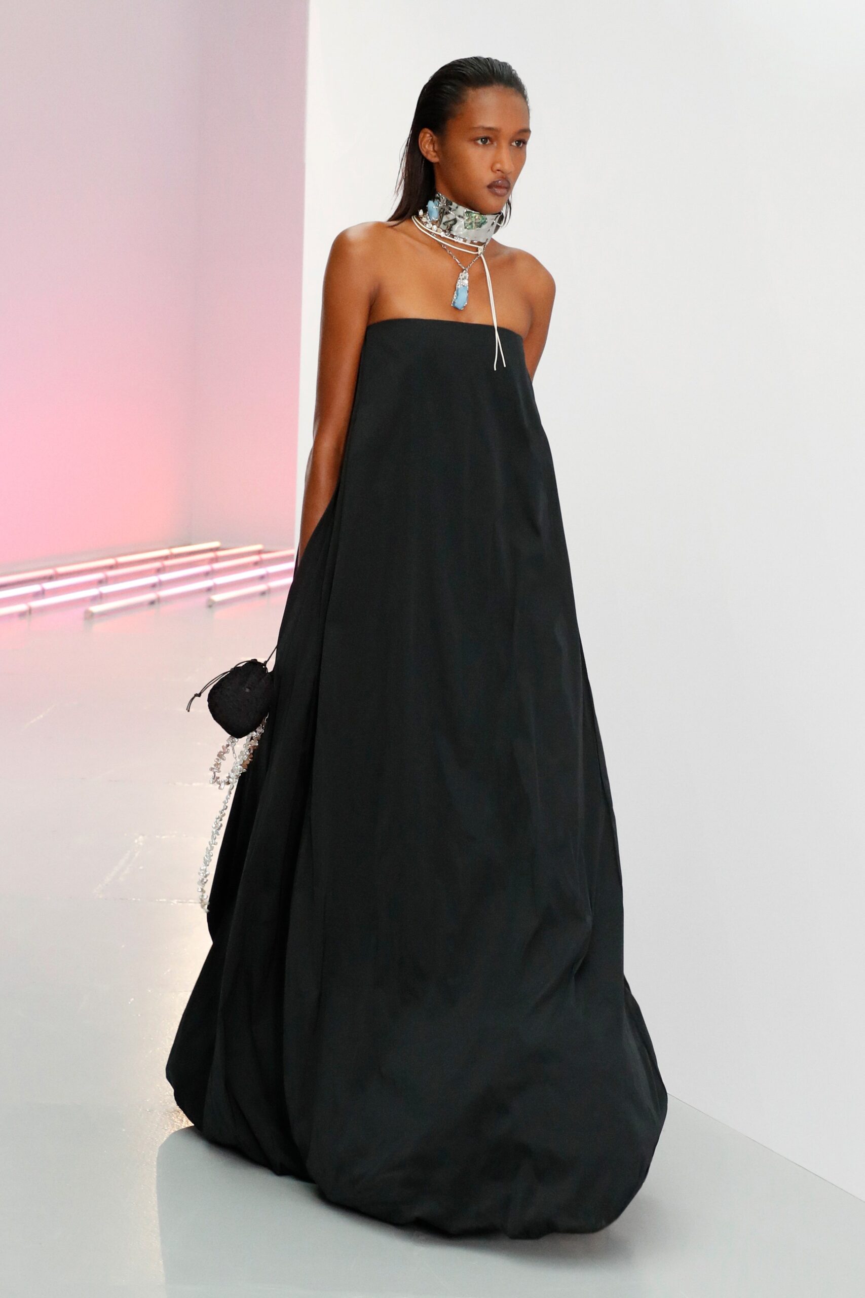 black silk strapless gown