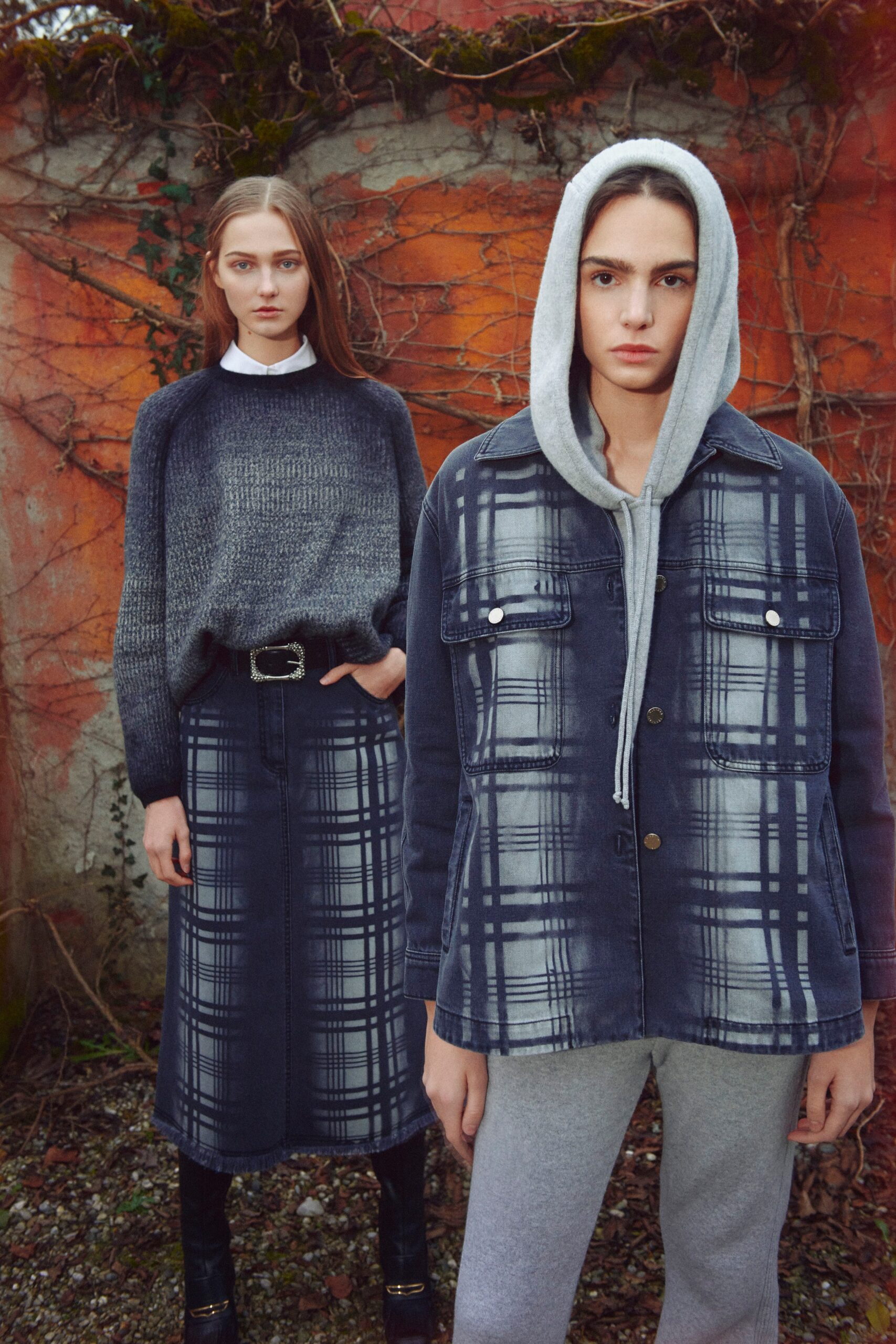 gray wool sweater with denim skirt