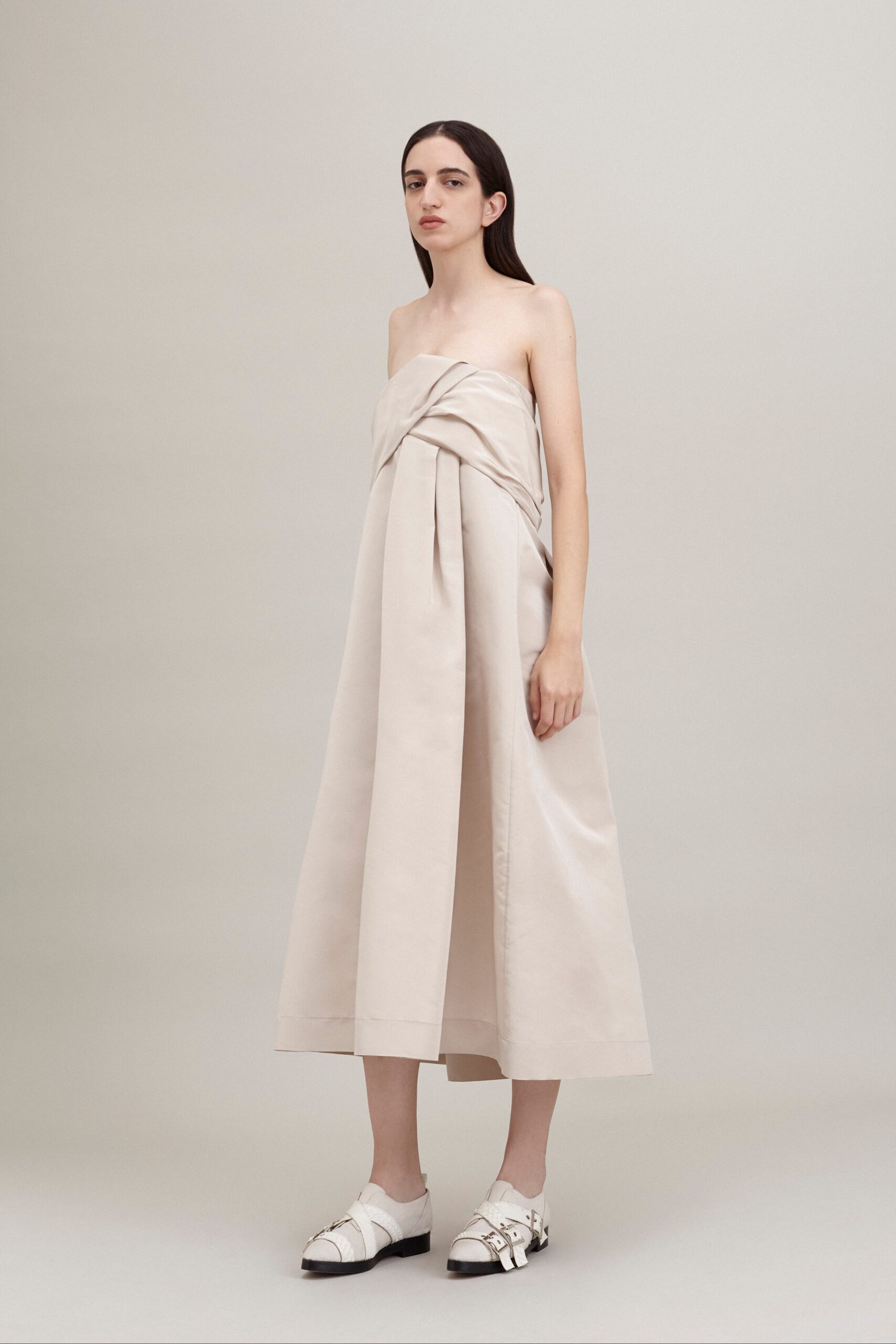 beige draped strapless midi dress