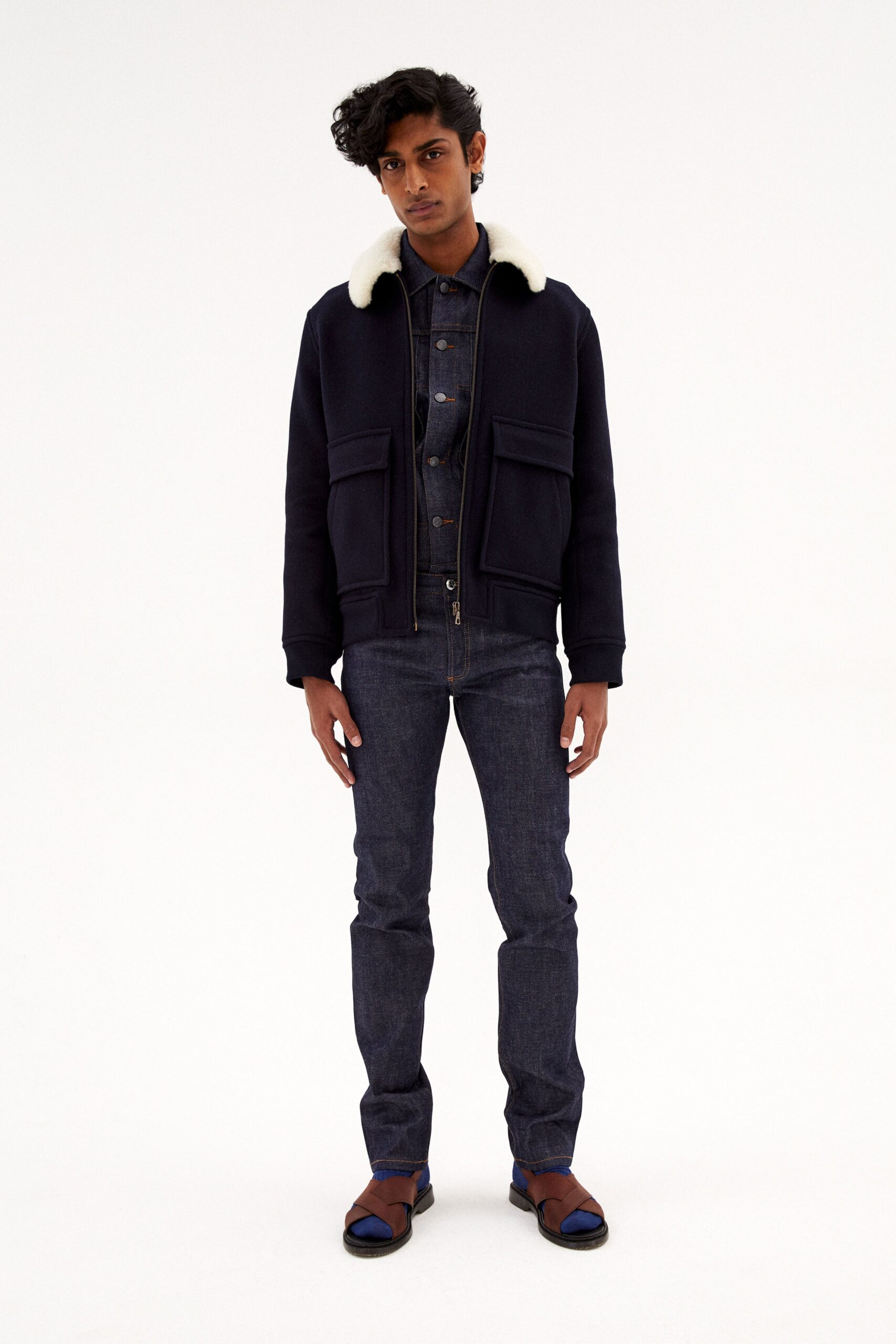 black wool jacket with denim shirt