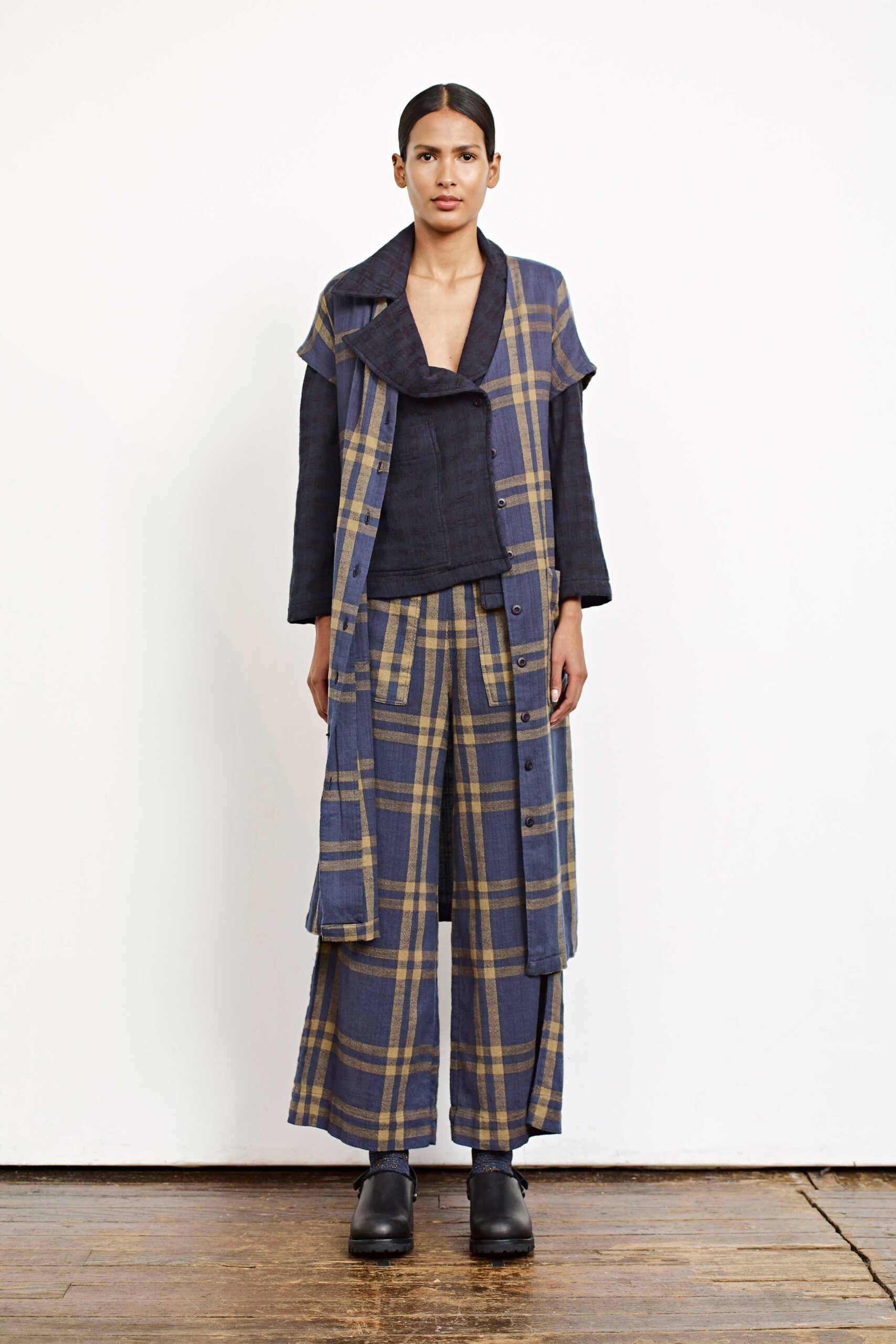 blue and yellow checked coat and pants