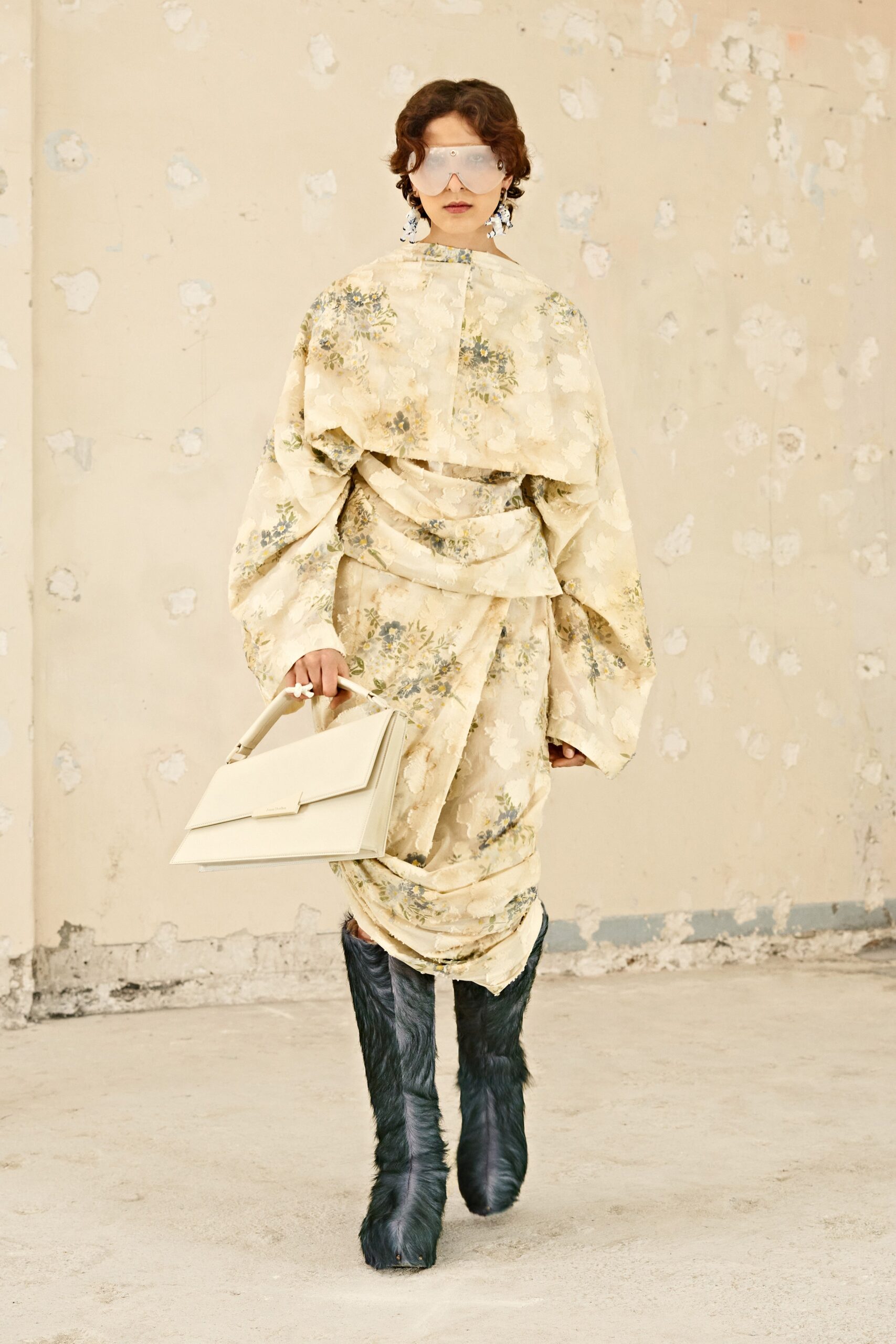 beige silk long-sleeve high-neck relaxed draped layered dress