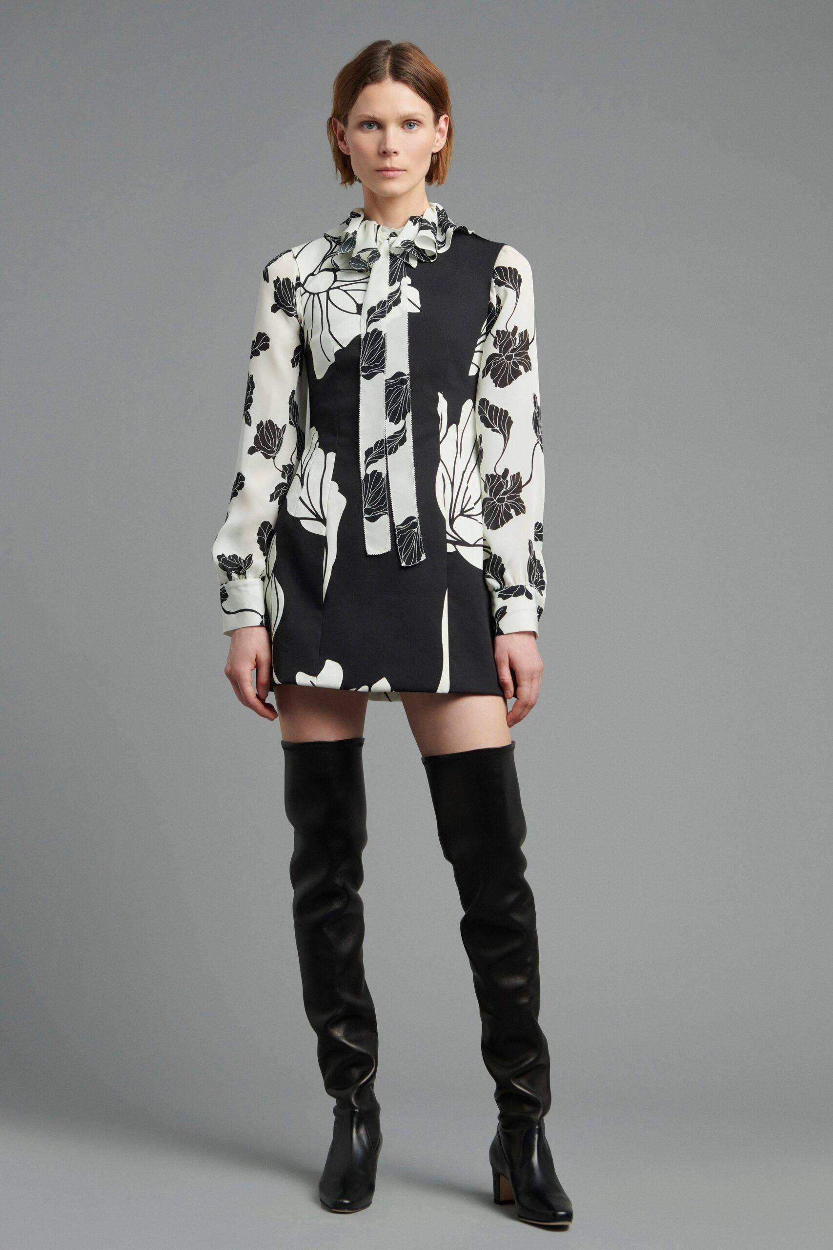 black silk long-sleeve collared fitted printed mini dress