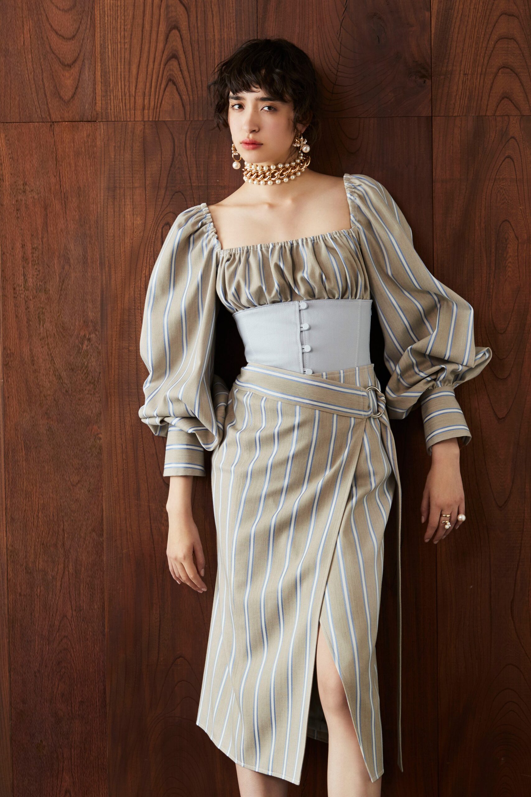 beige and blue striped midi dress