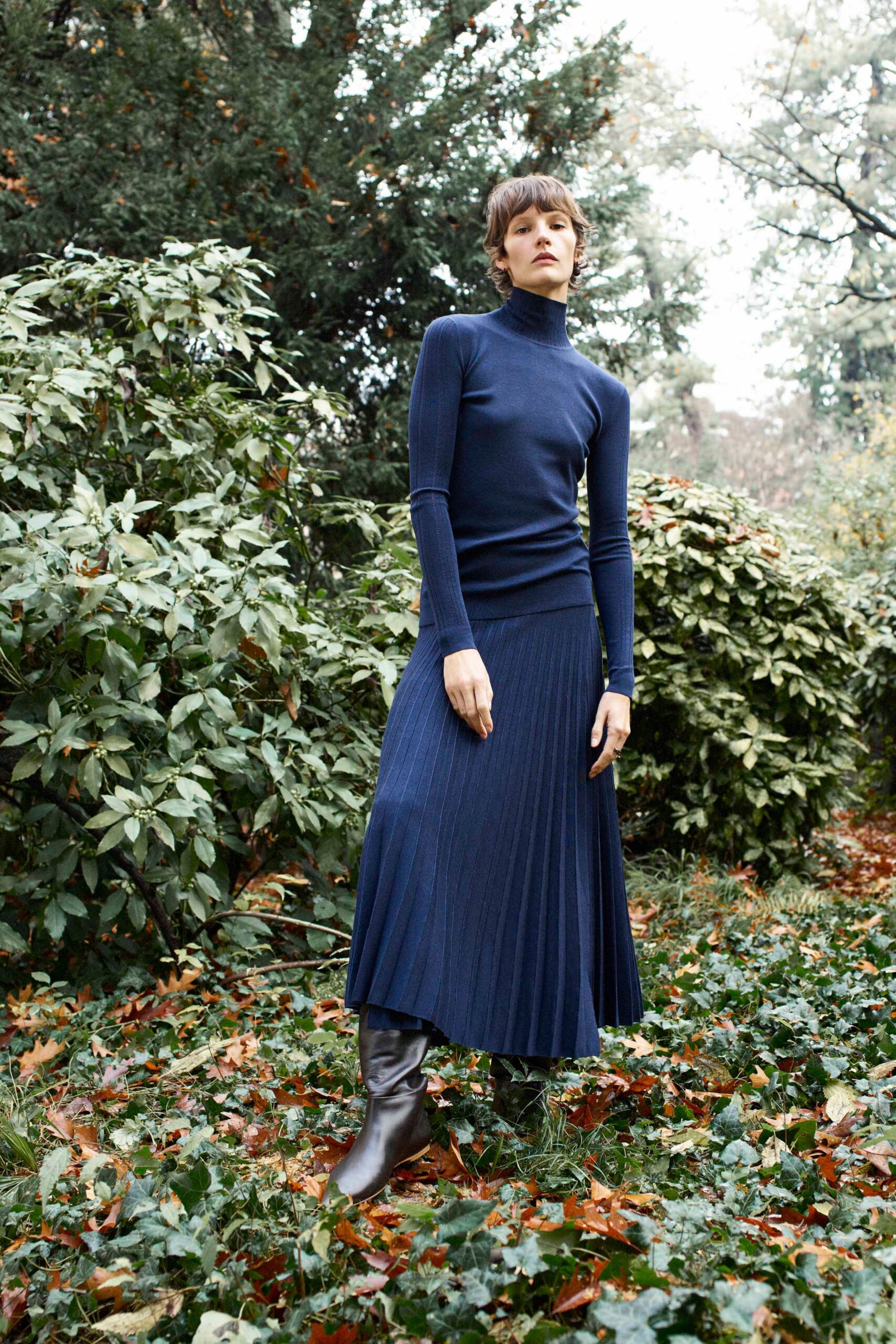 blue fitted top and midi skirt
