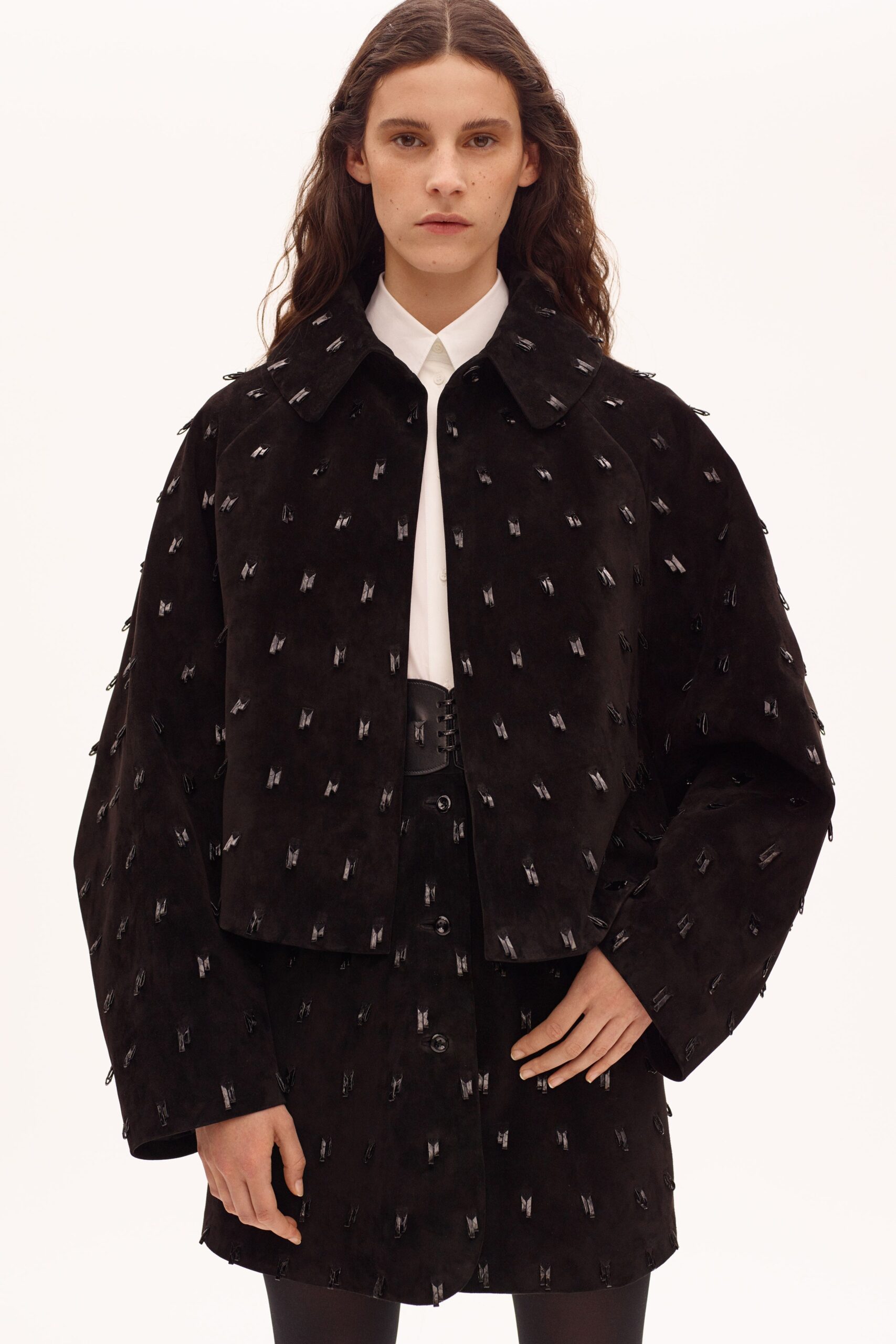 black suede long-sleeve collared oversized textured jacket
