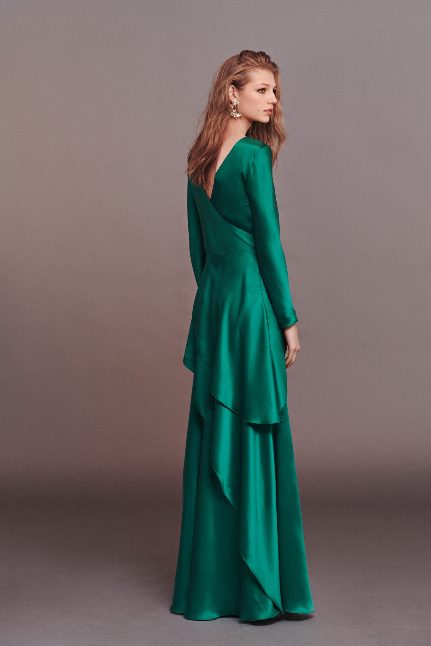 green silk long-sleeve gown
