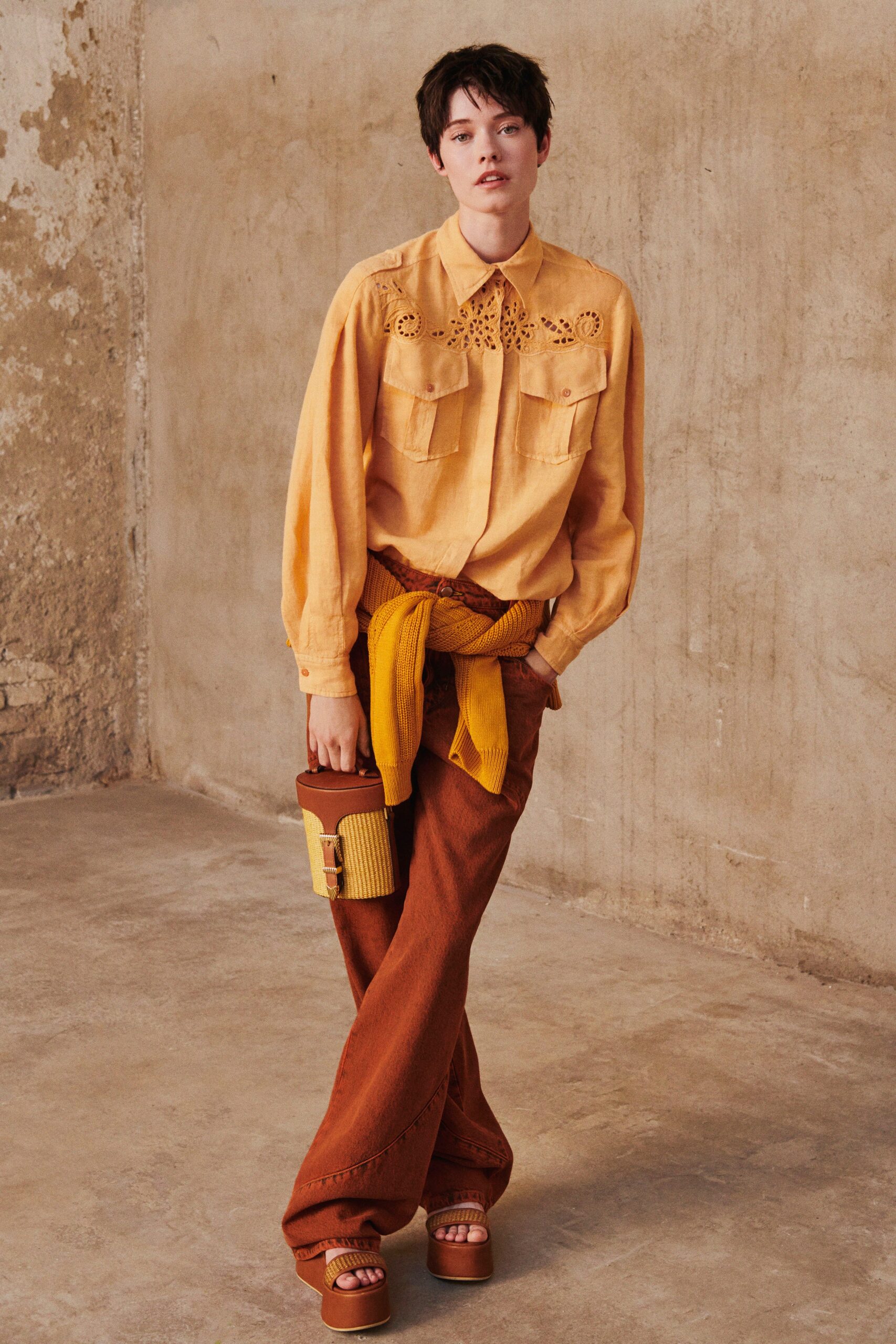 orange cotton long-sleeve collared relaxed embroidered shirt