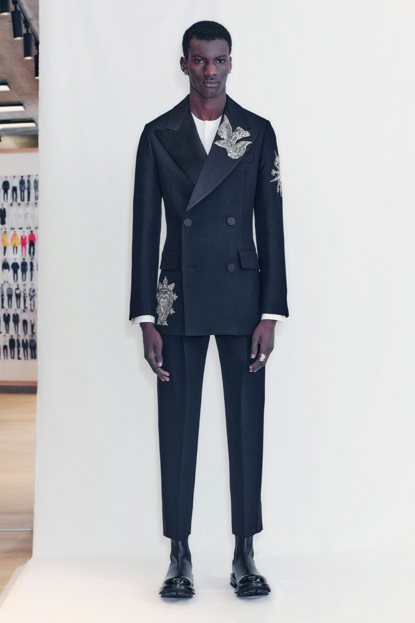 black tailored suit with embroidery