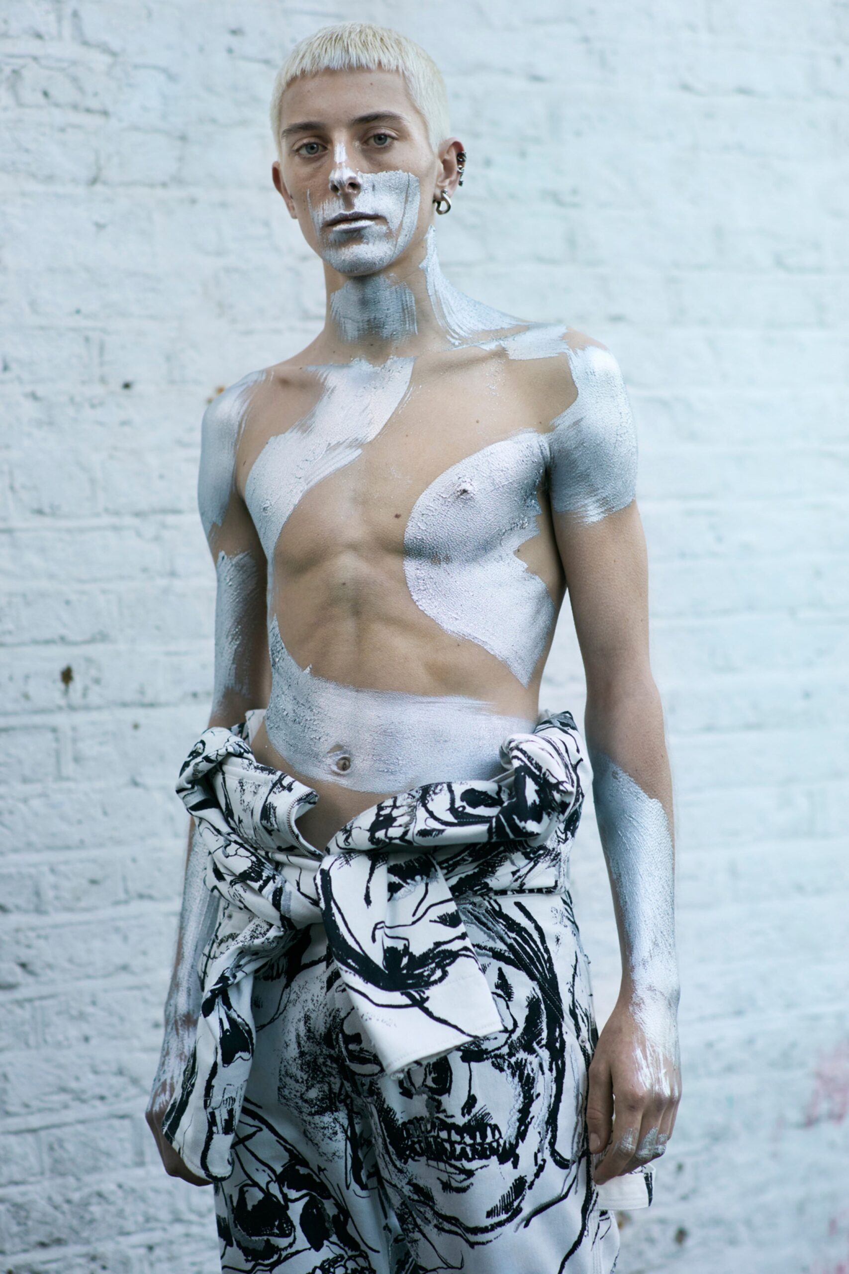 white printed relaxed pants and fitted top