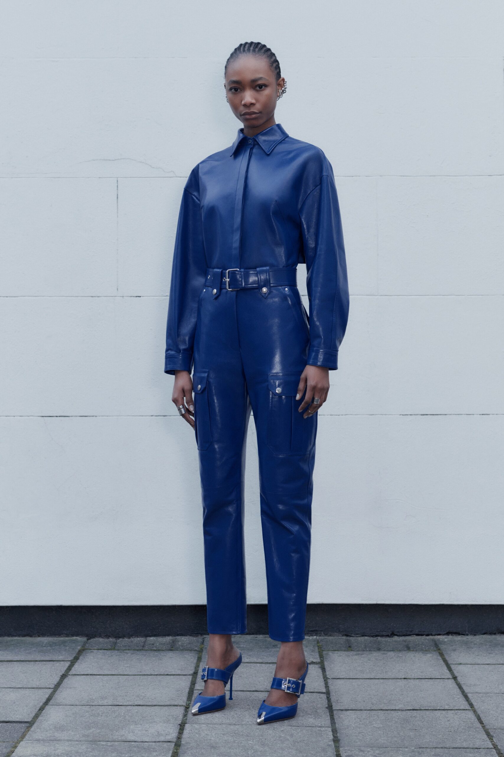 blue leather fitted shirt and pants
