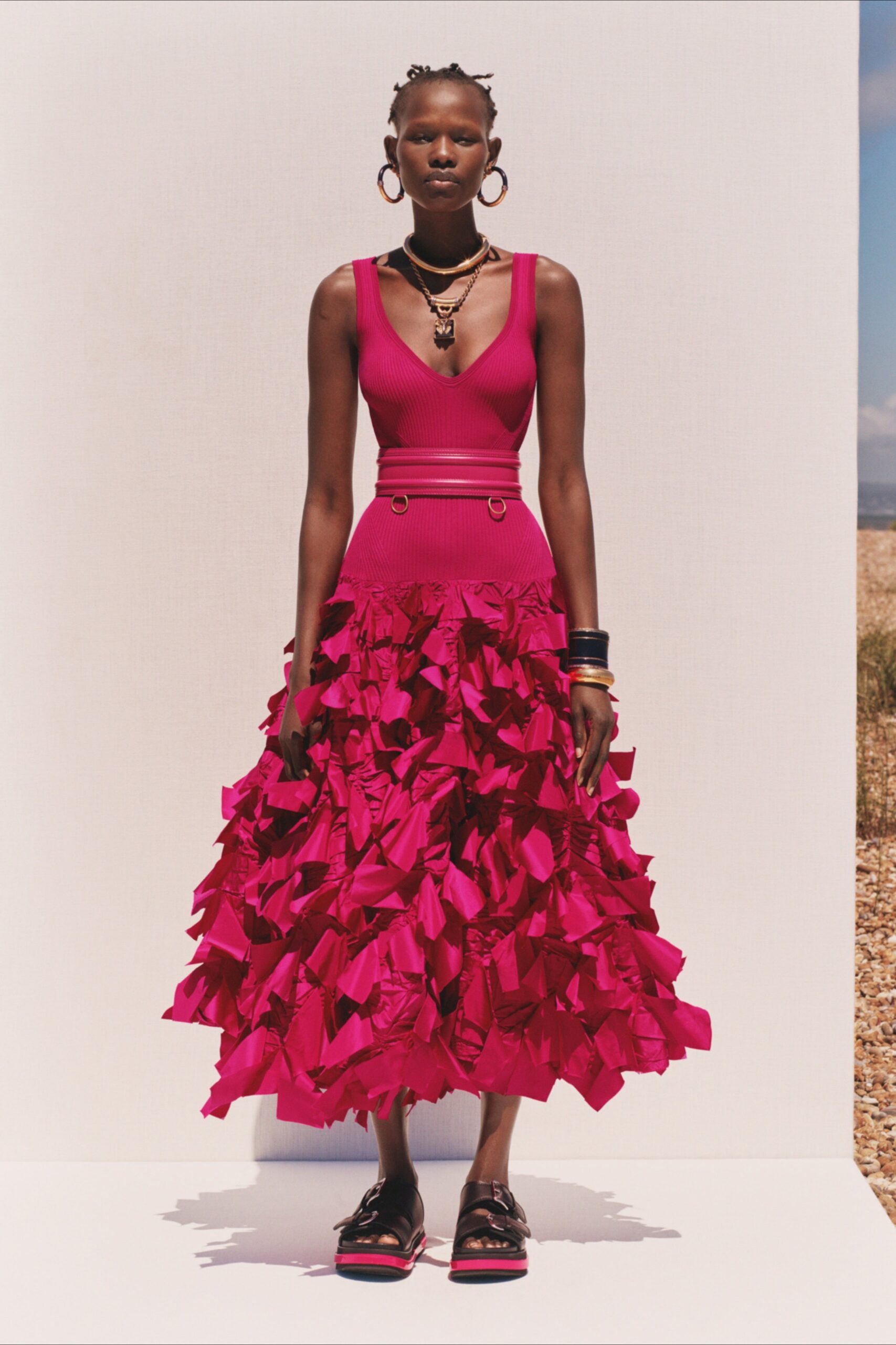 pink ruffled midi dress