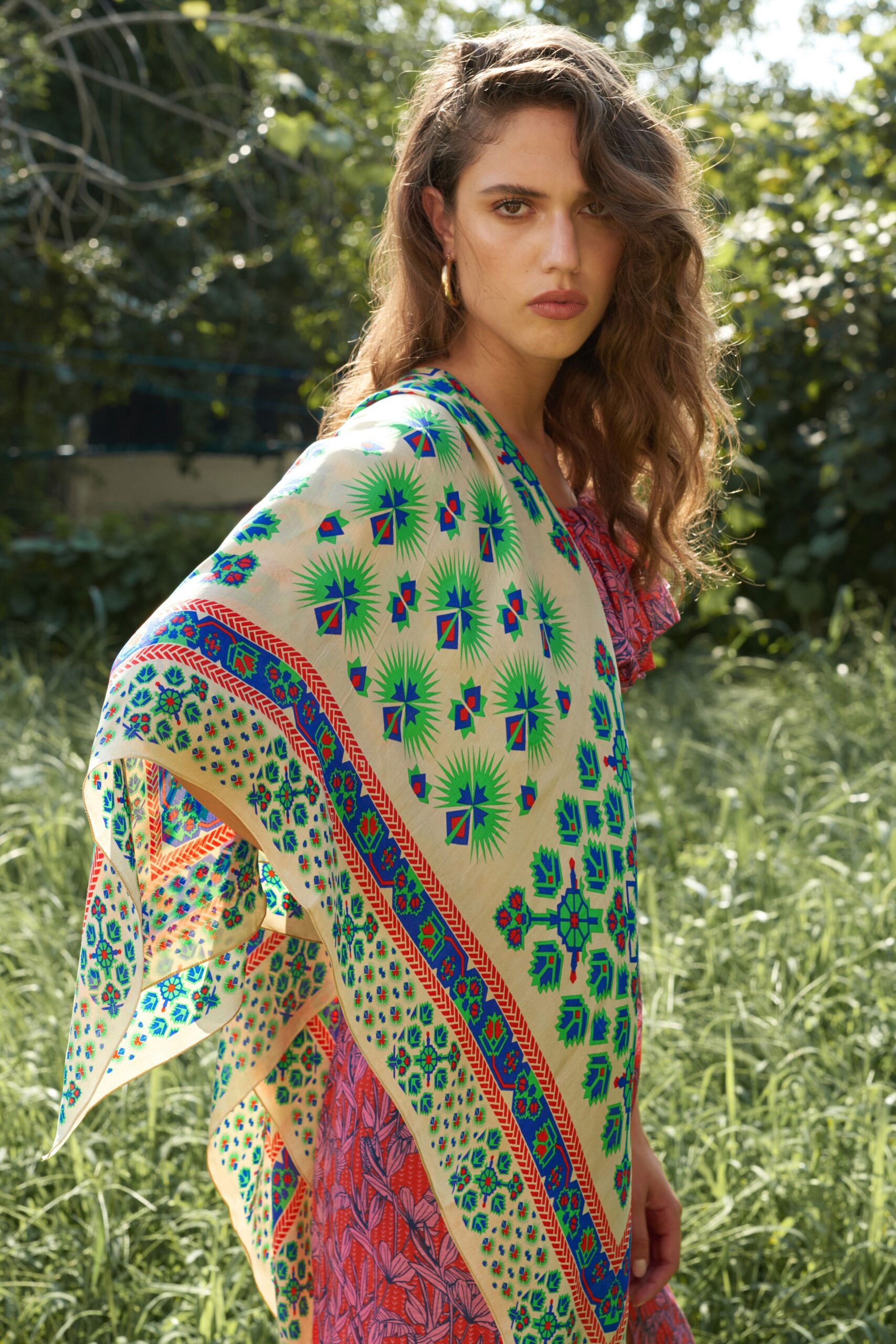 pink printed midi dress with scarf