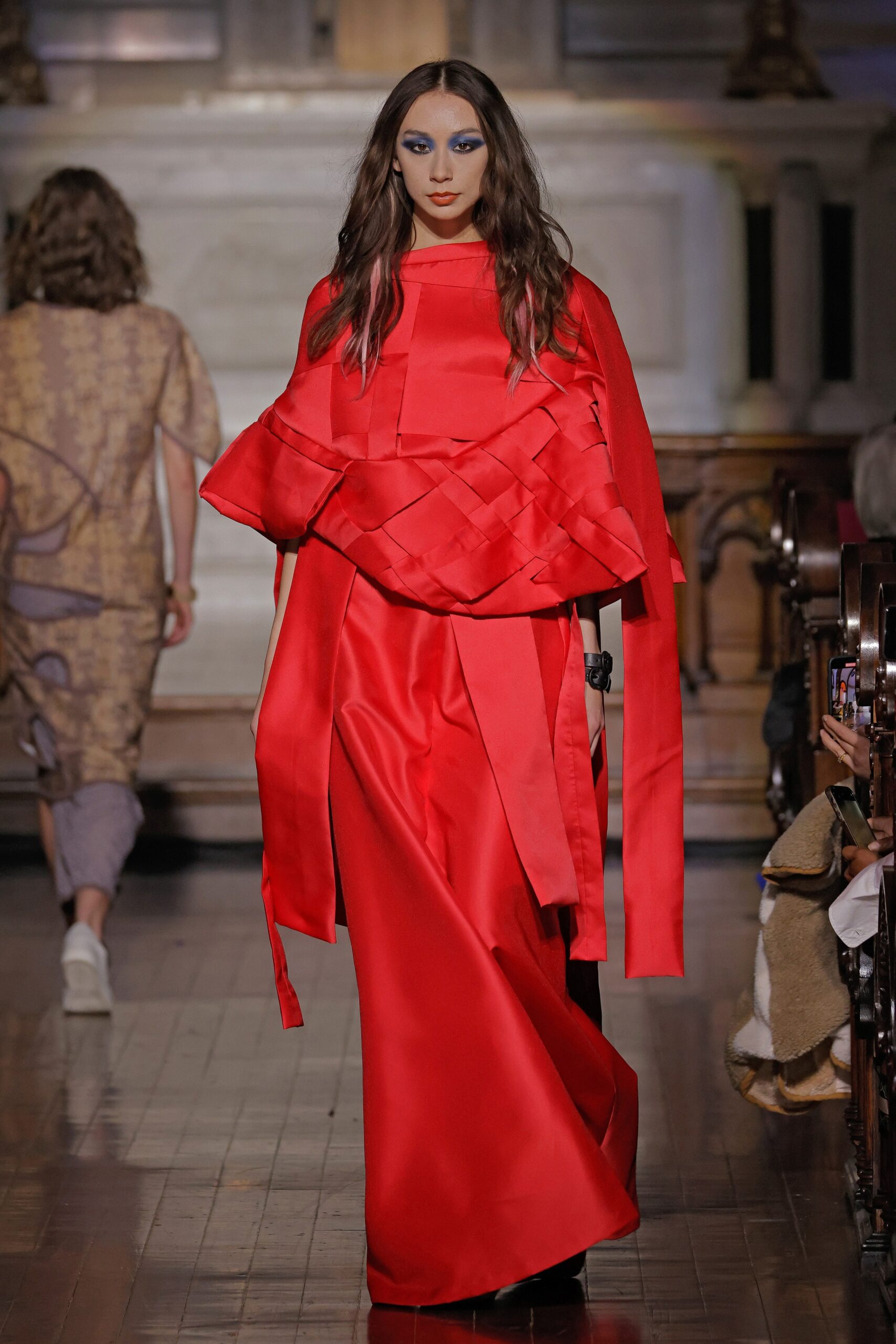 red silk gown with cape