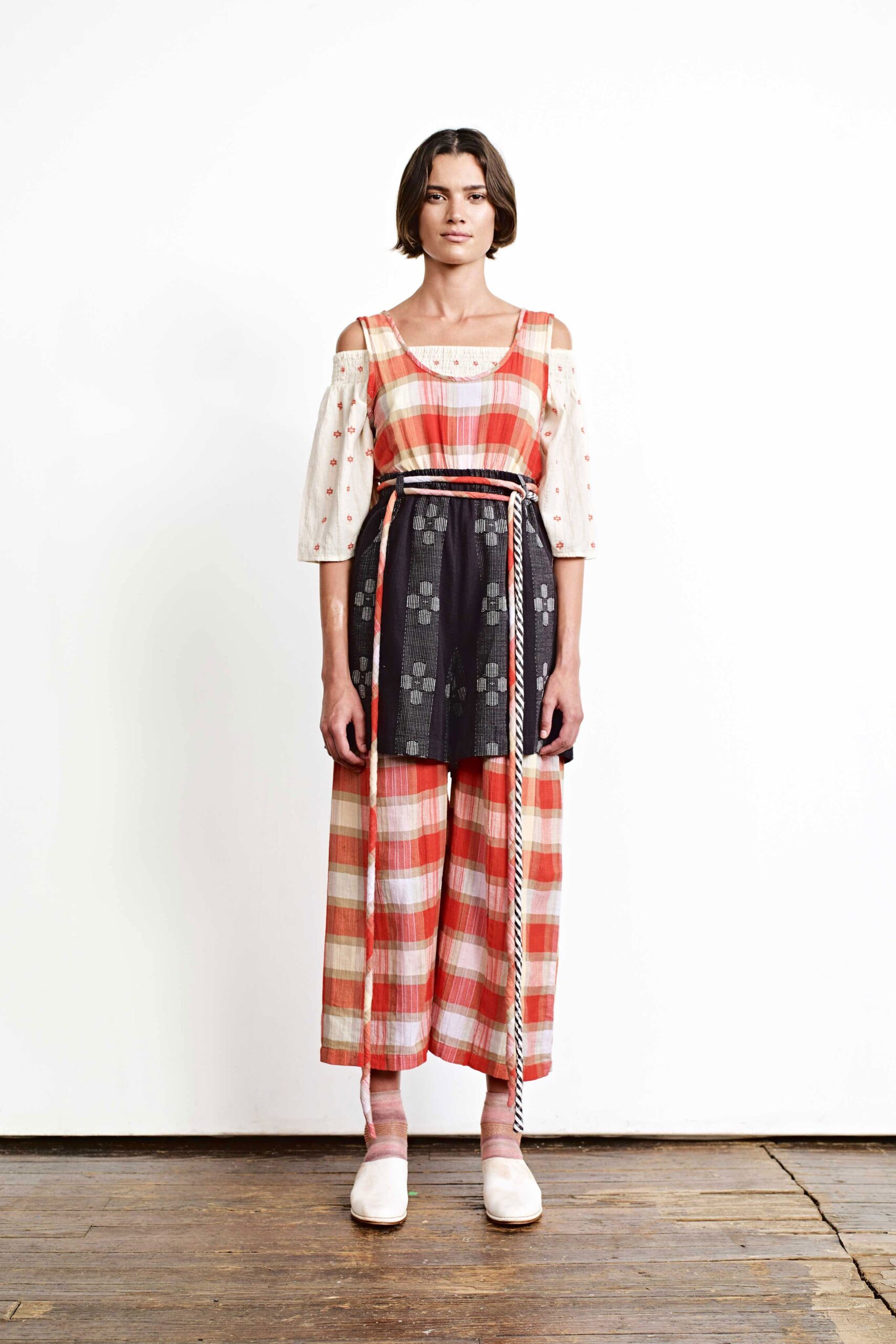 red cotton sleeveless off-shoulder fitted layered pleated dress