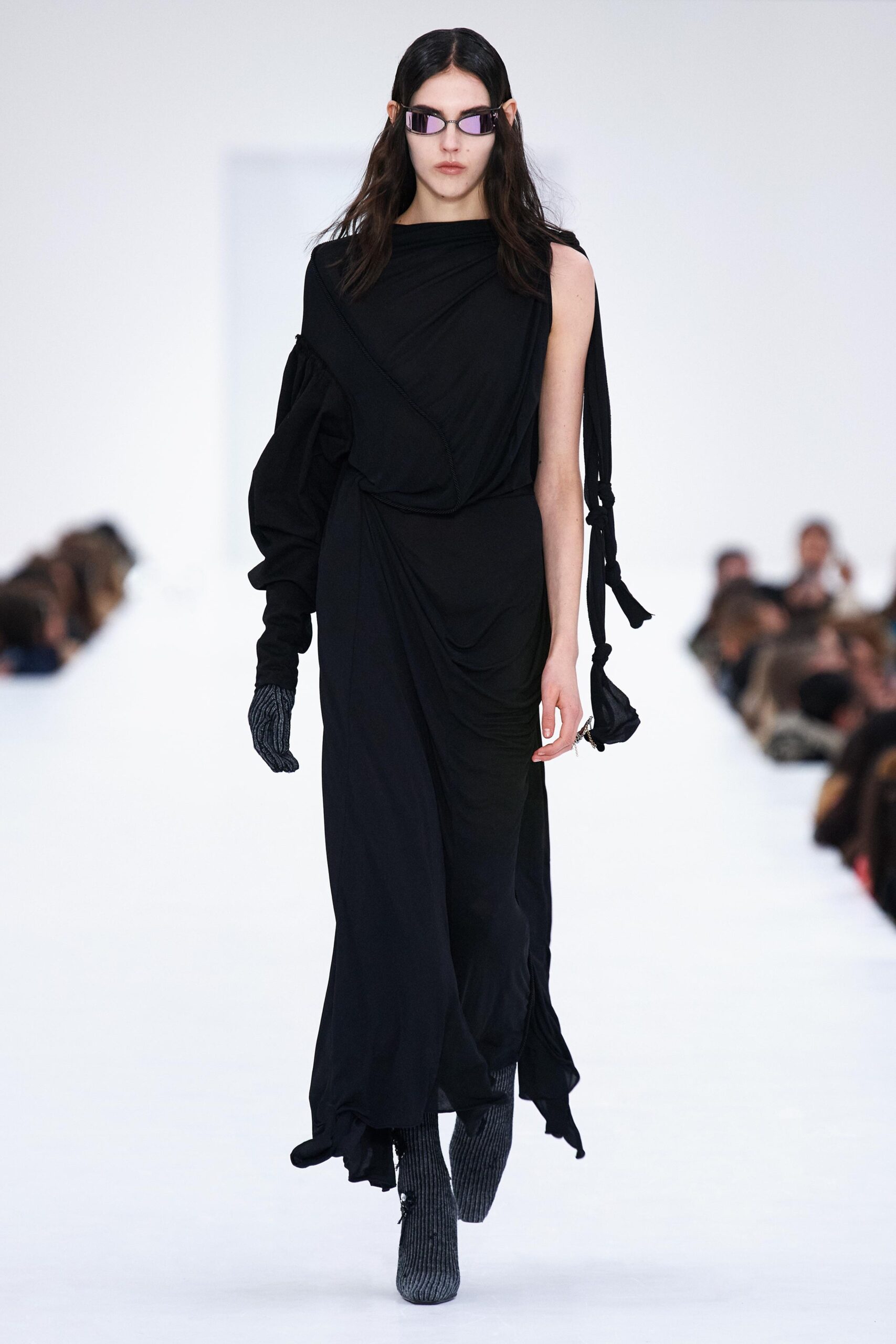 black fitted midi dress with gloves