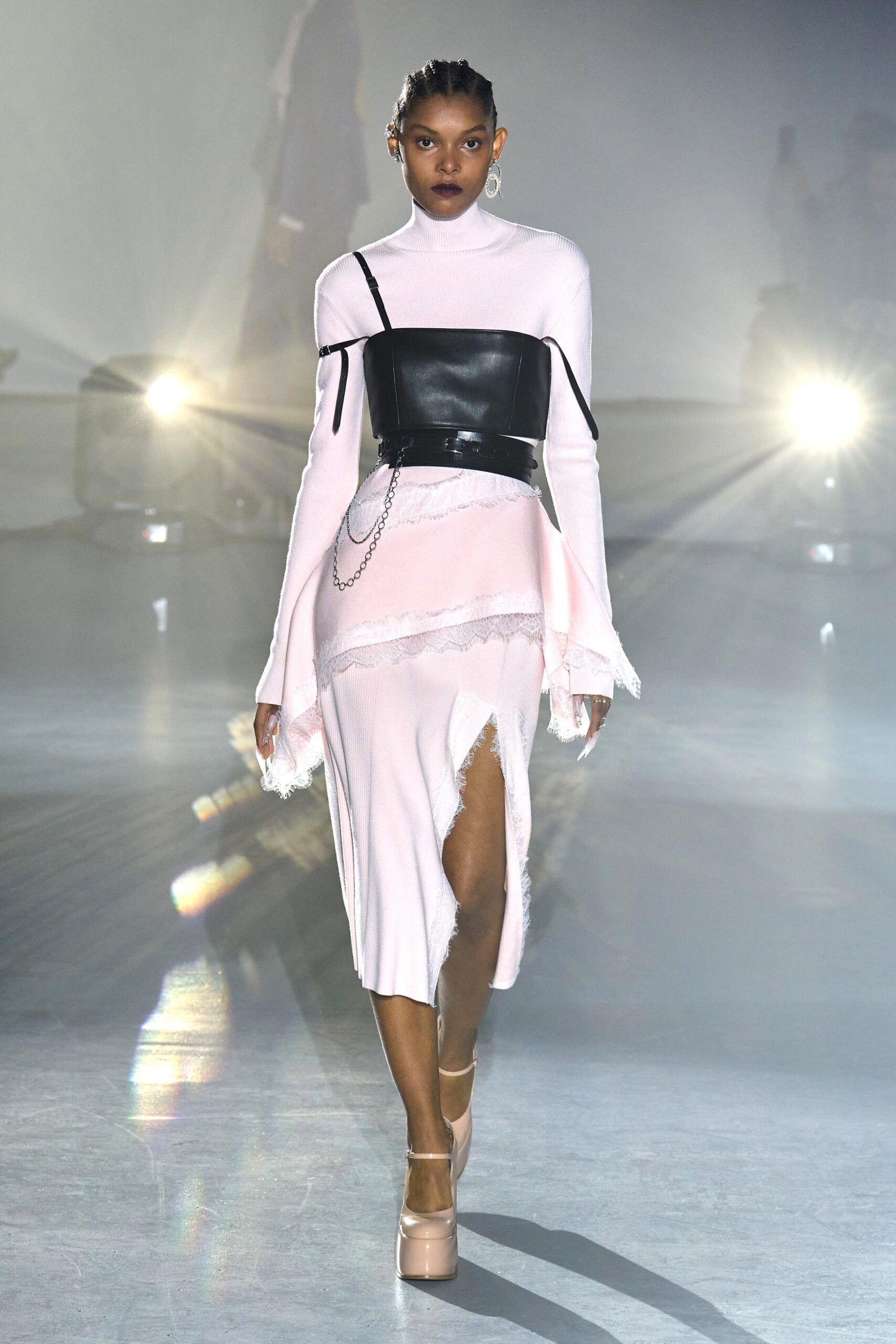 pink midi dress with black corset