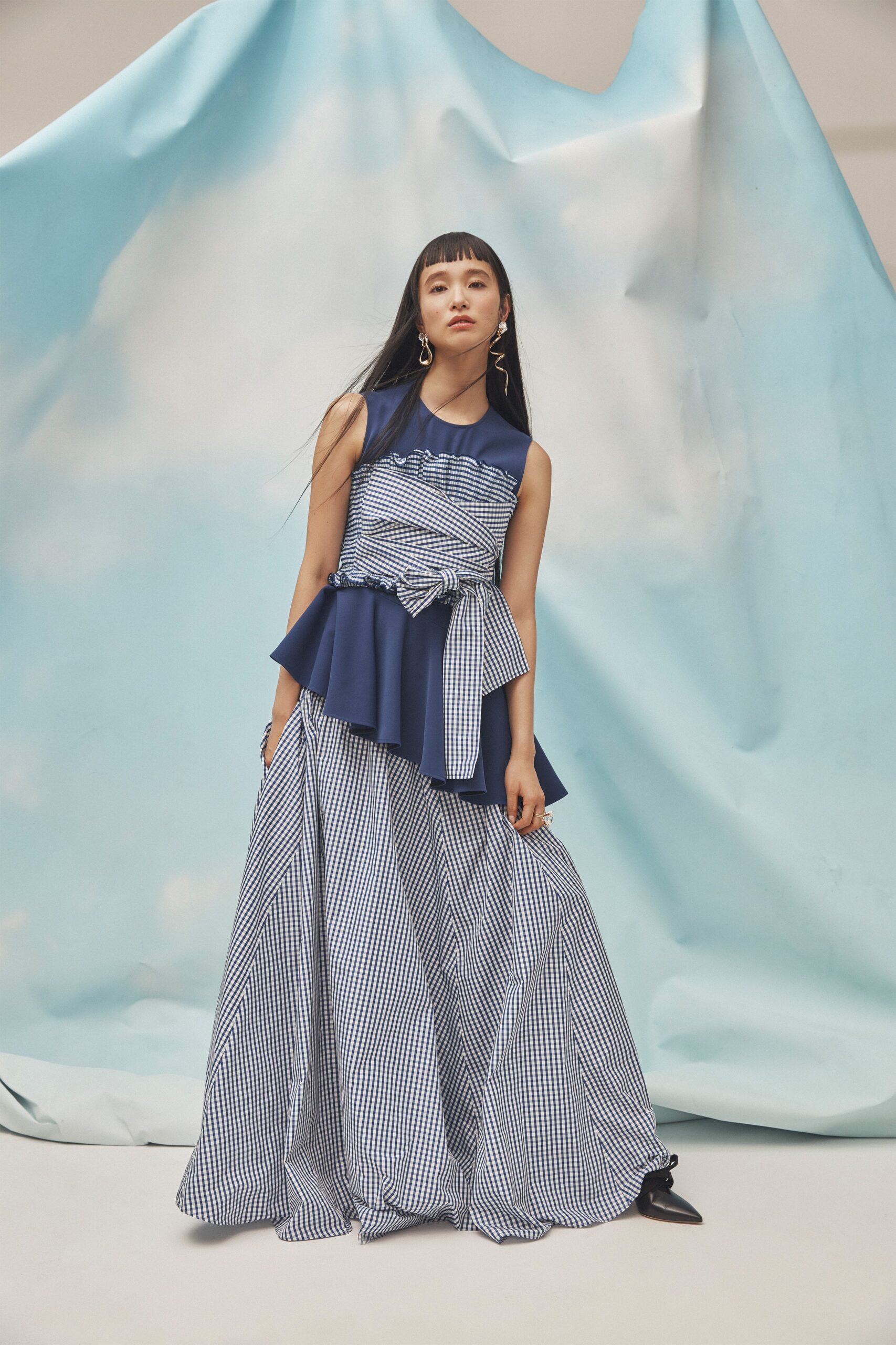 blue pleated top and layered skirt