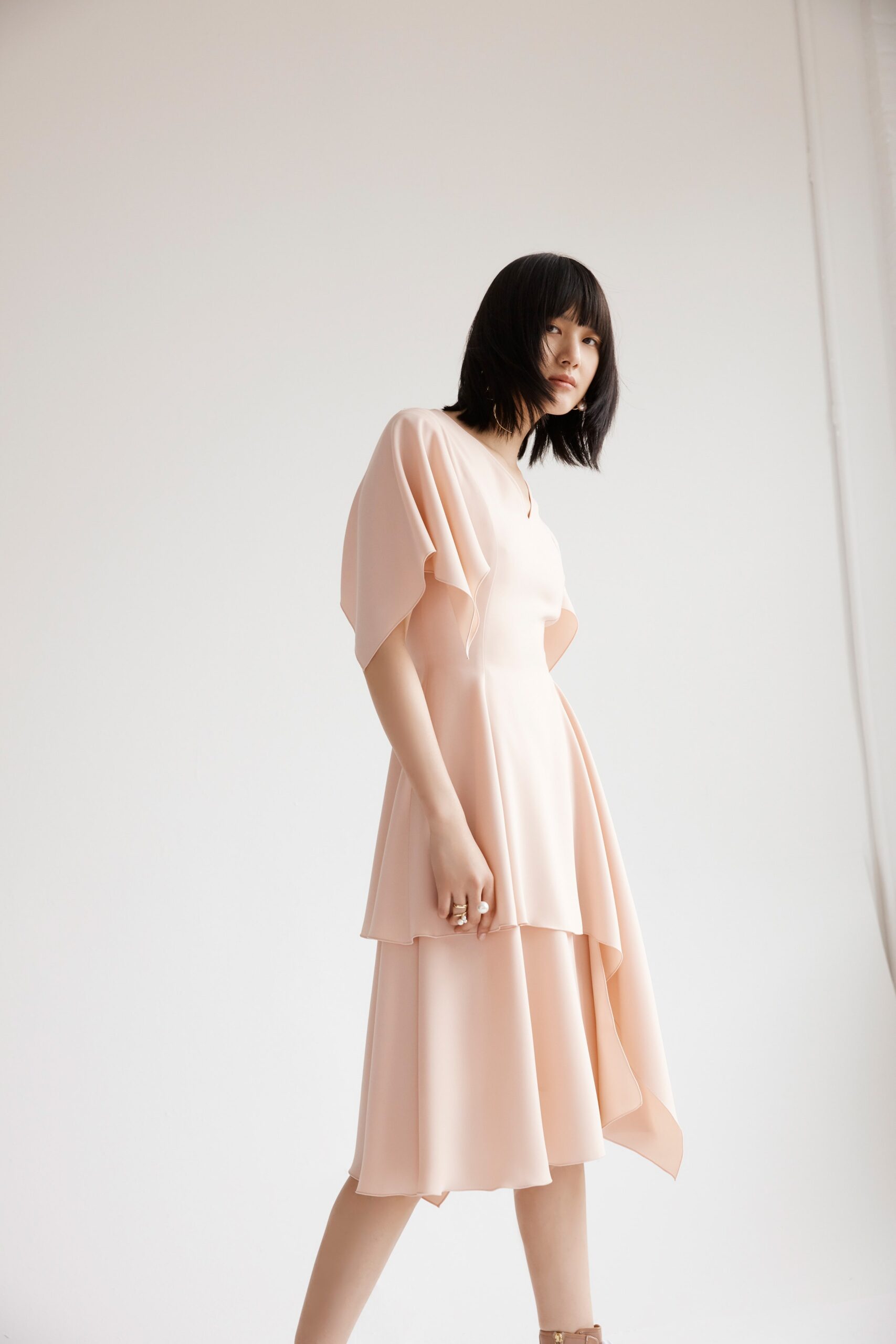 pink silk layered midi dress