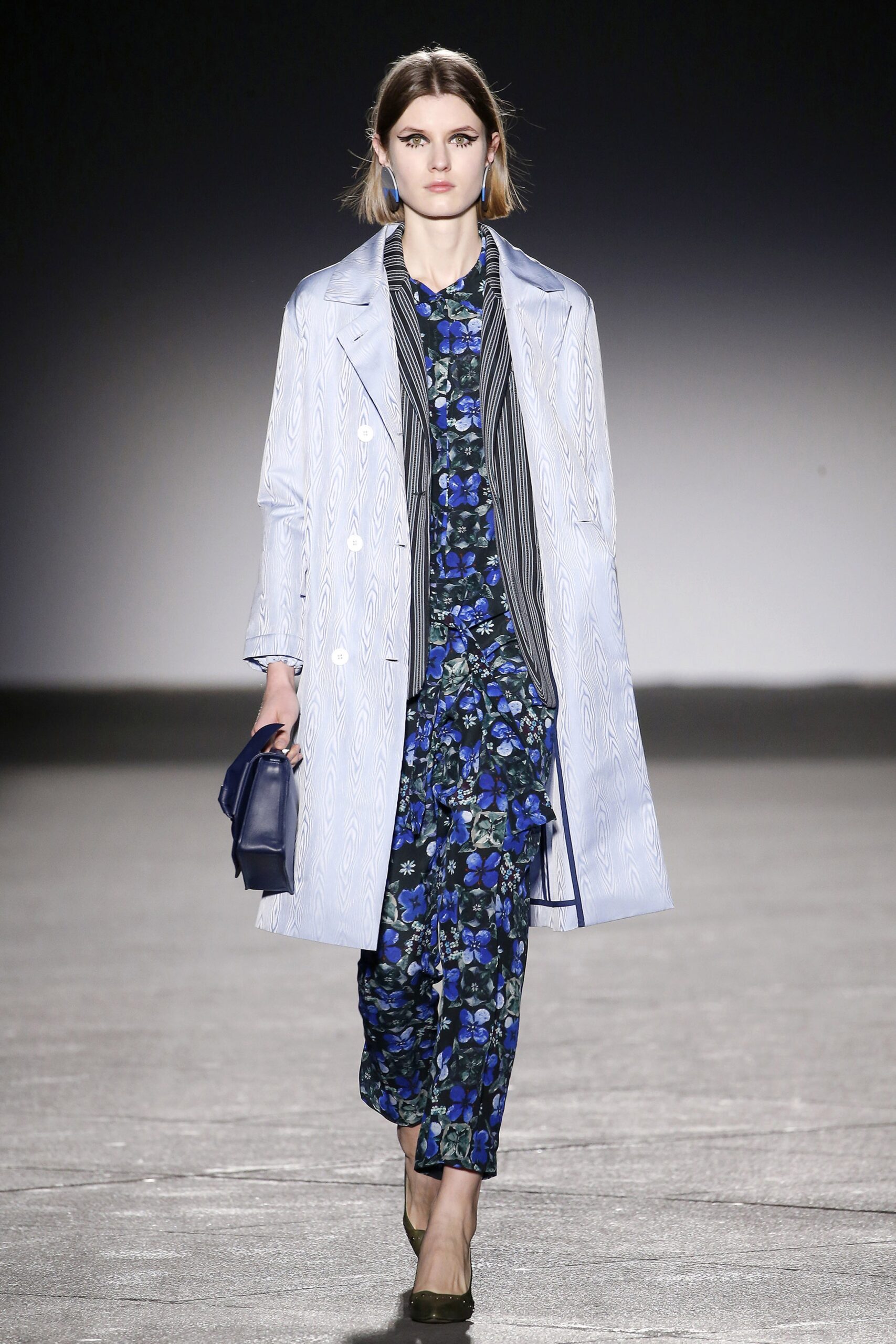 blue silk long-sleeve collared relaxed layered coat