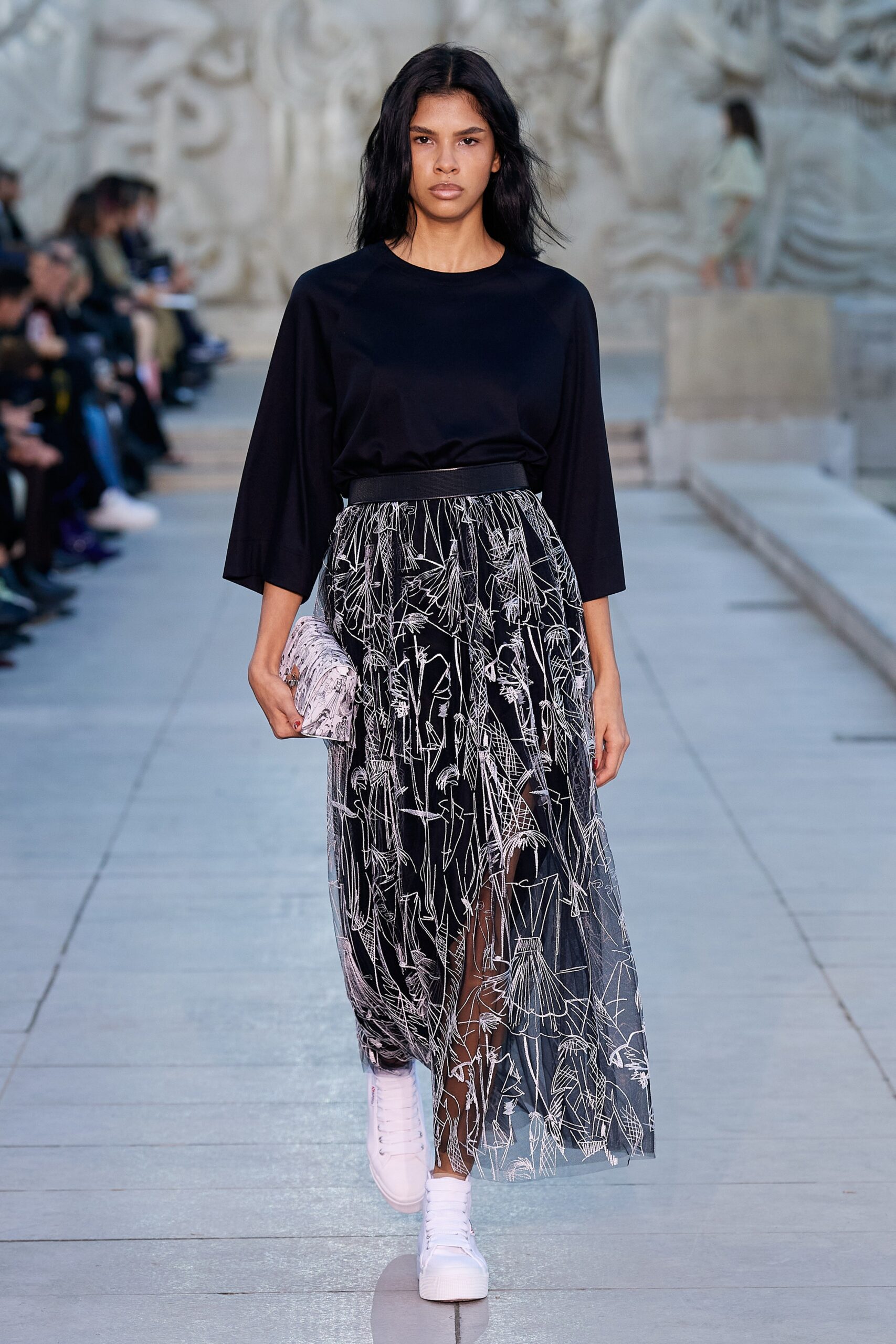 black chiffon fitted high-waisted layered embroidered flowing skirt