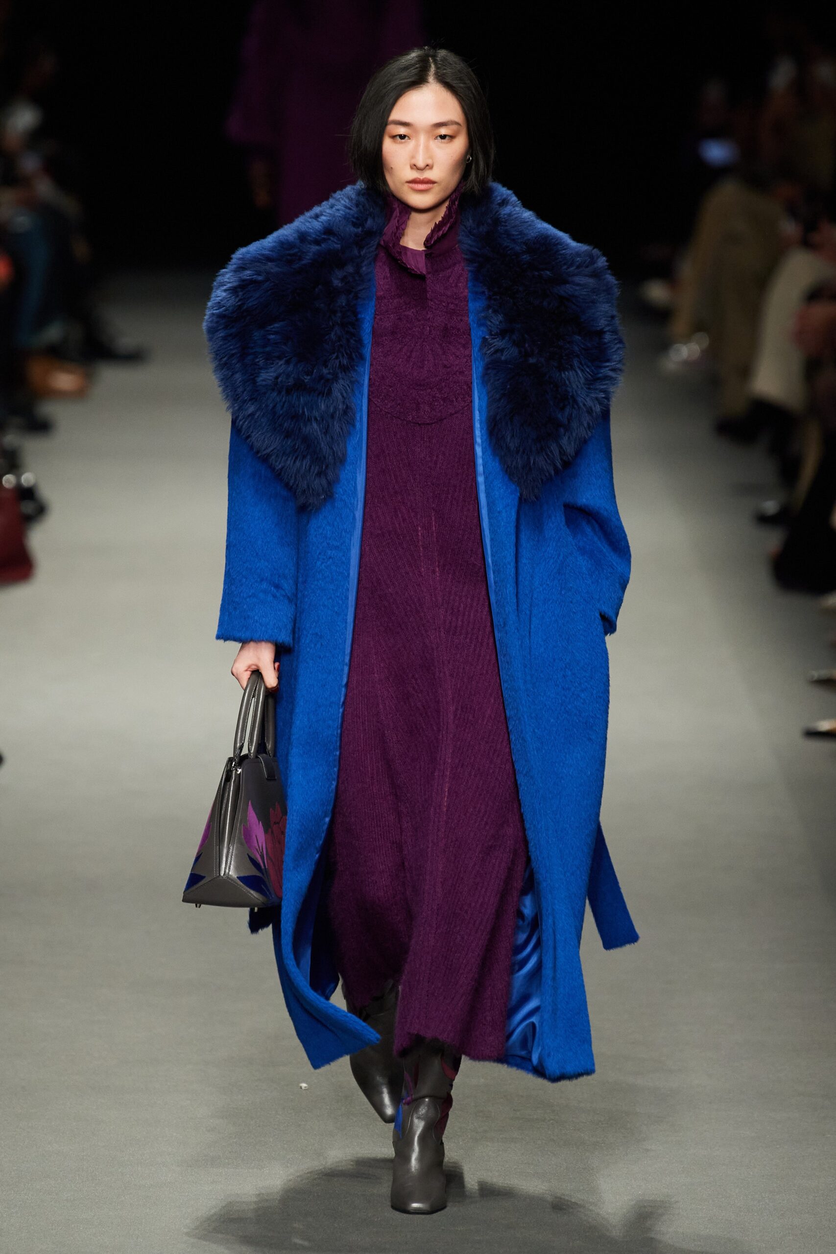 blue wool coat with purple dress