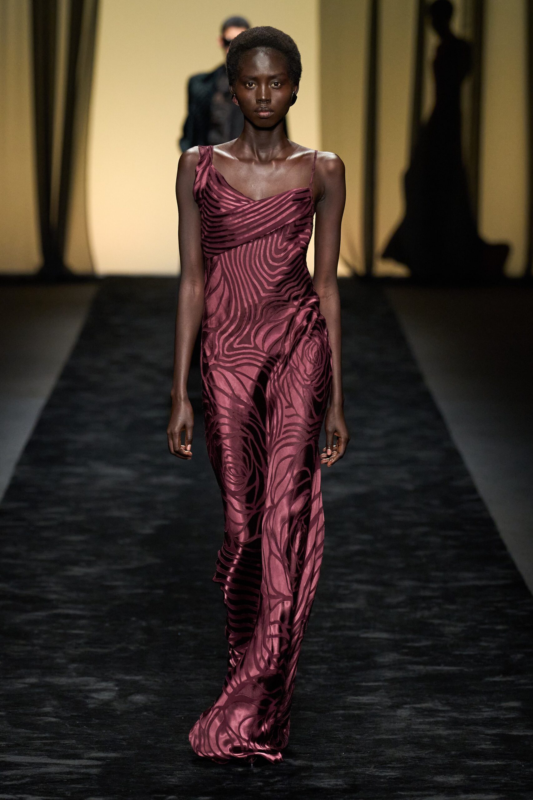 fitted red silk gown