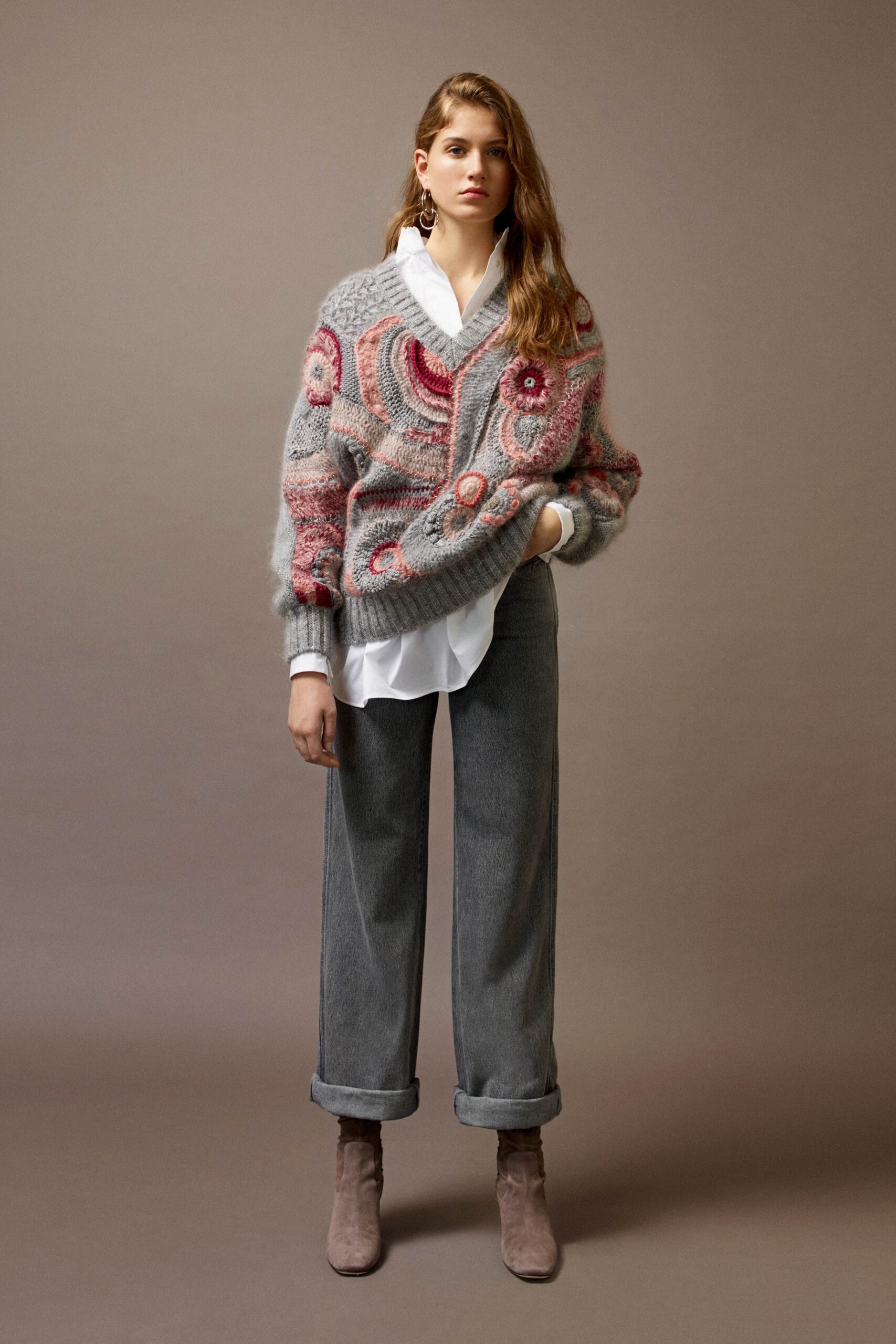 gray wool long-sleeve v-neck oversized embroidered sweater