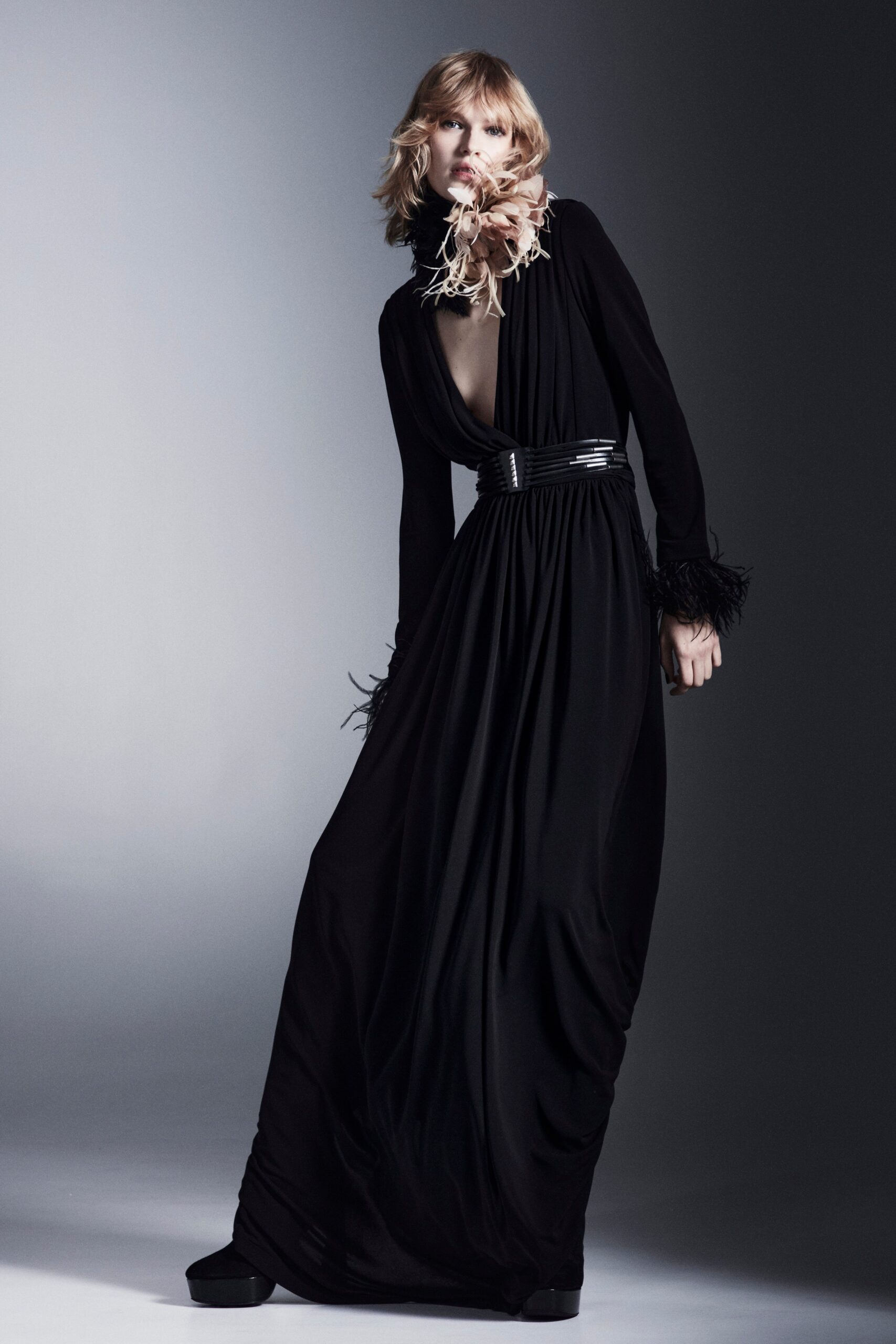 black silk fitted gown