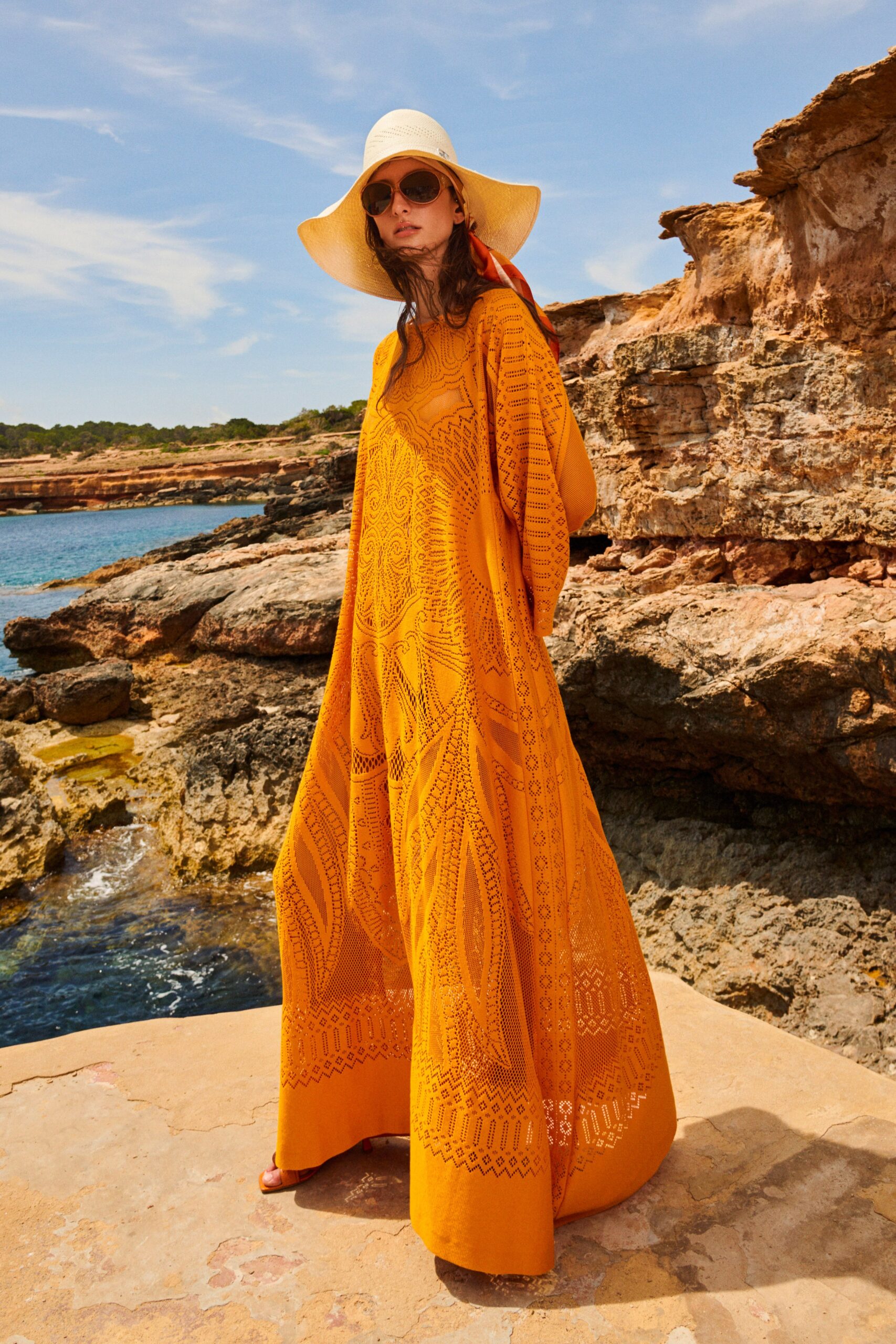 relaxed orange embroidered maxi dress
