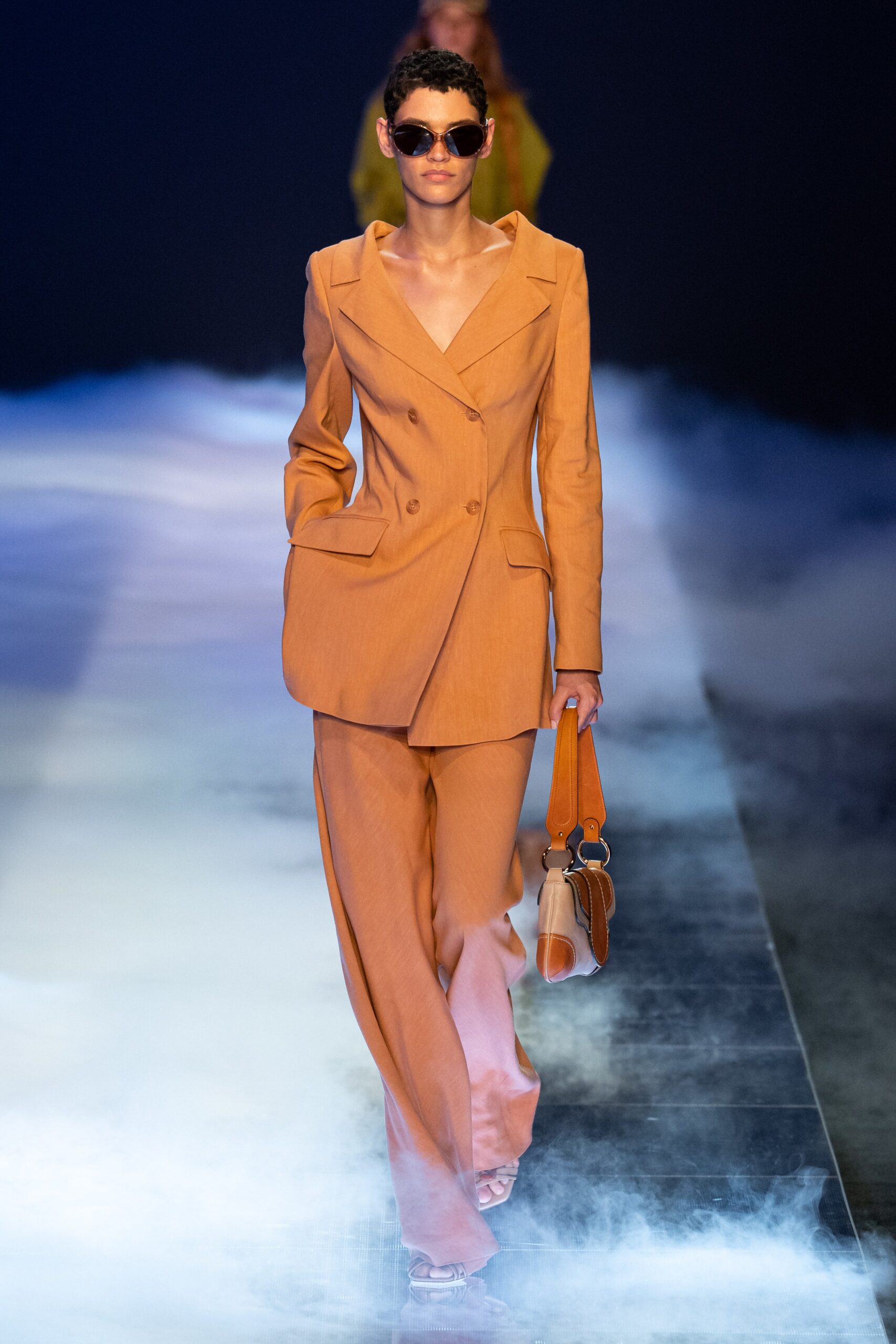 orange cotton long-sleeve collared tailored straight-leg suit