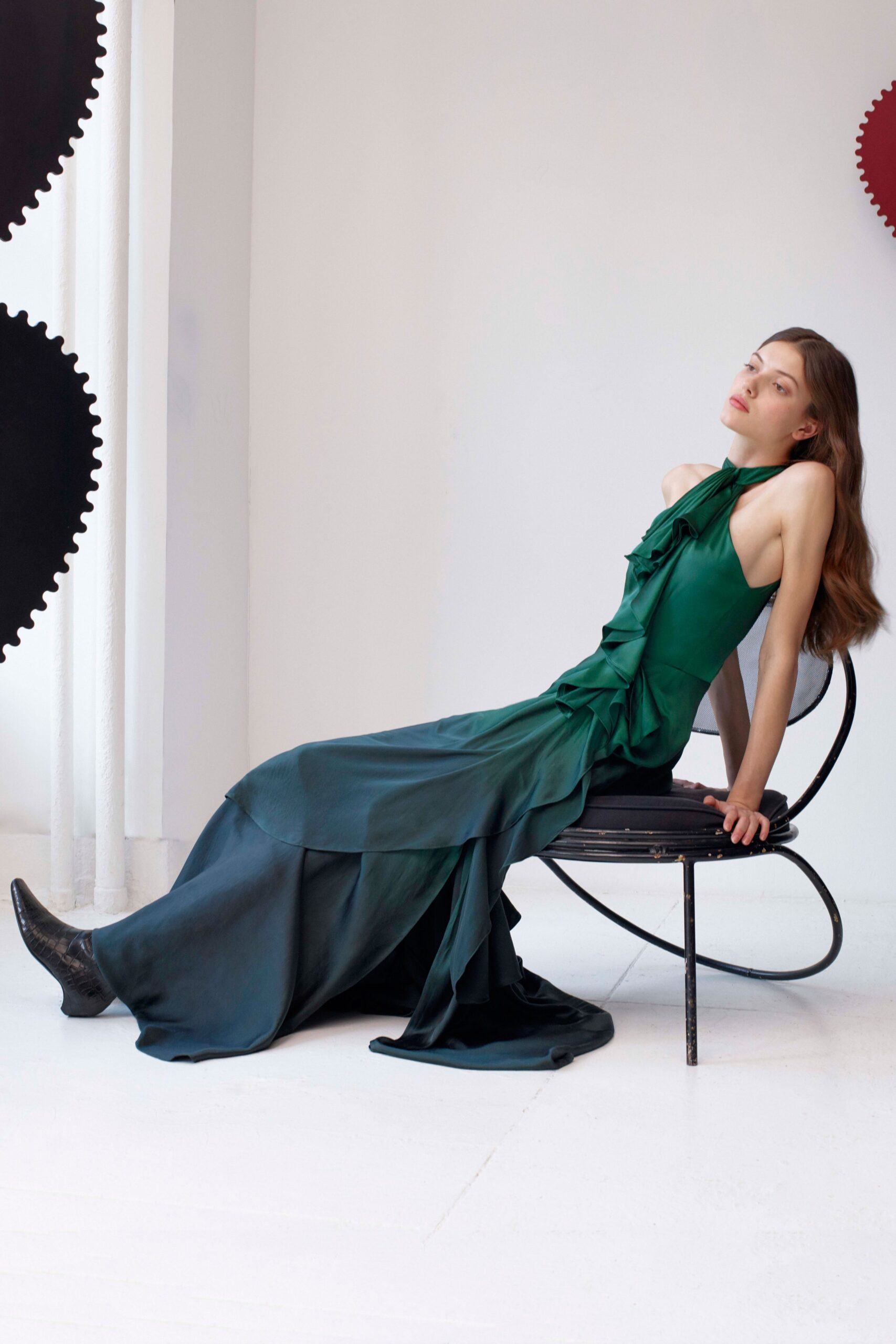 green silk sleeveless gown