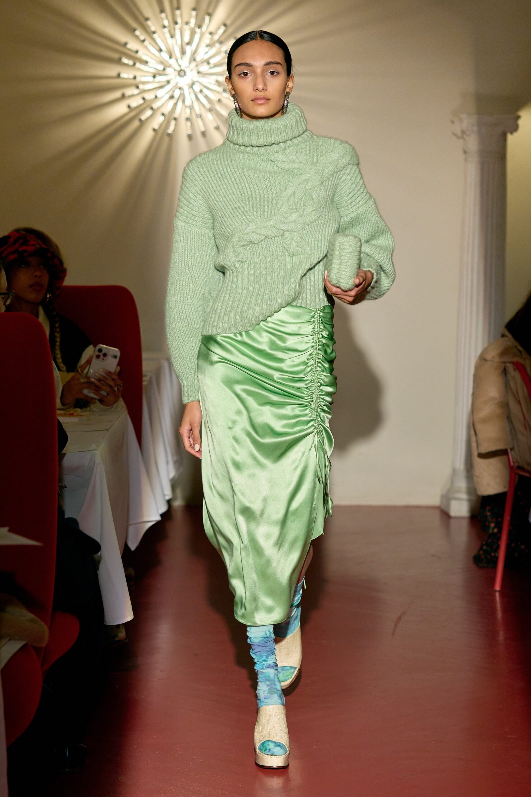 oversized green sweater and midi skirt