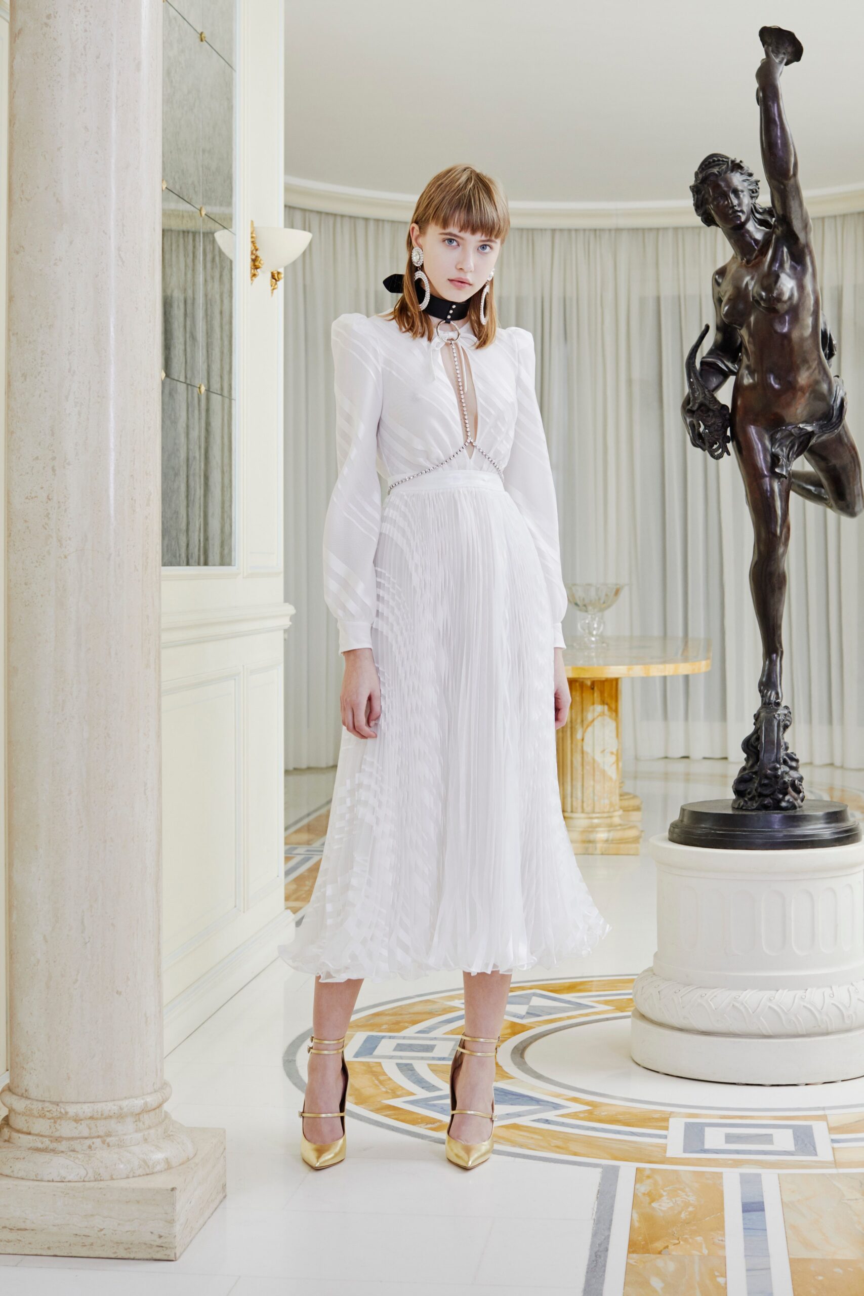 white silk pleated midi dress