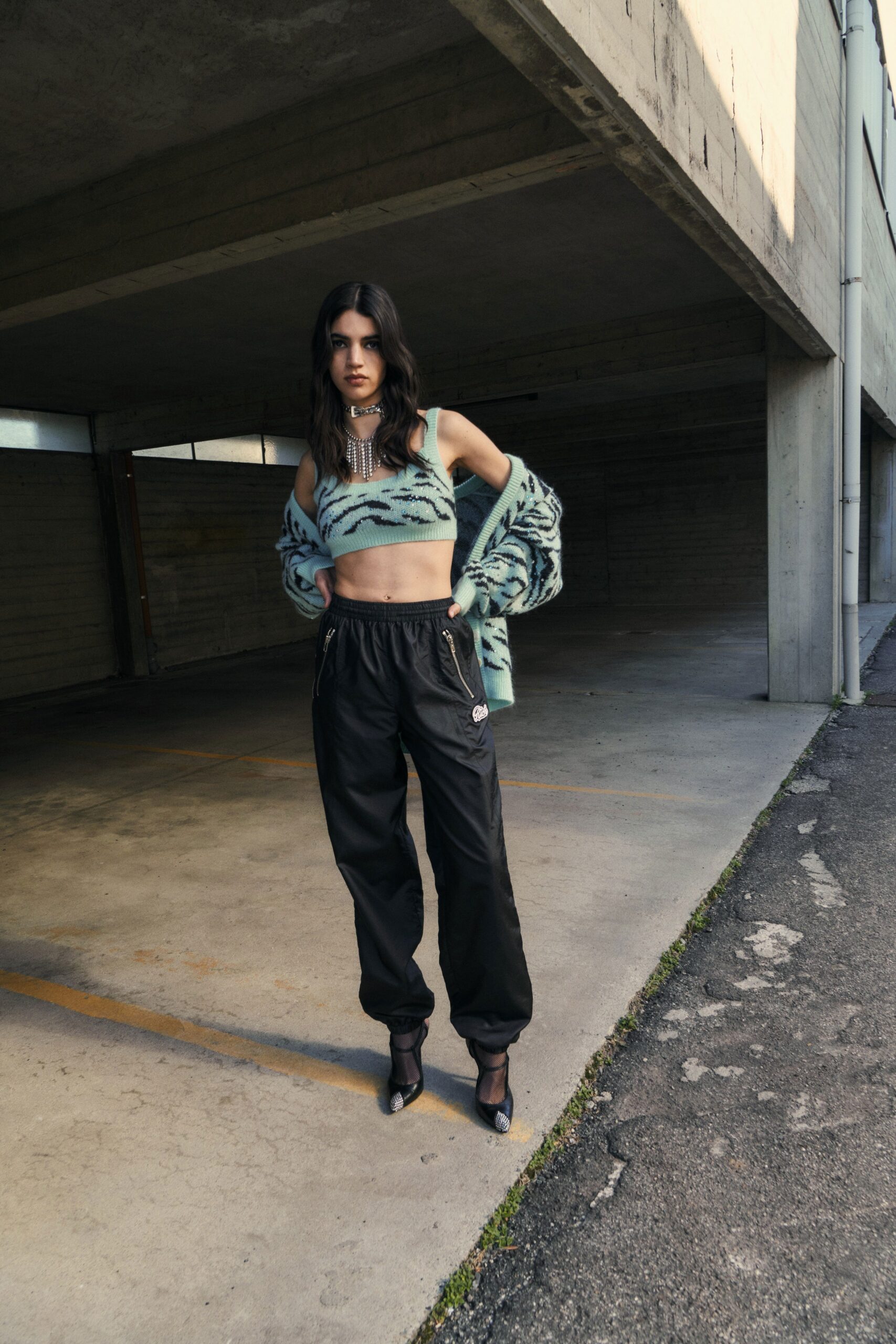 green striped fitted top with relaxed pants