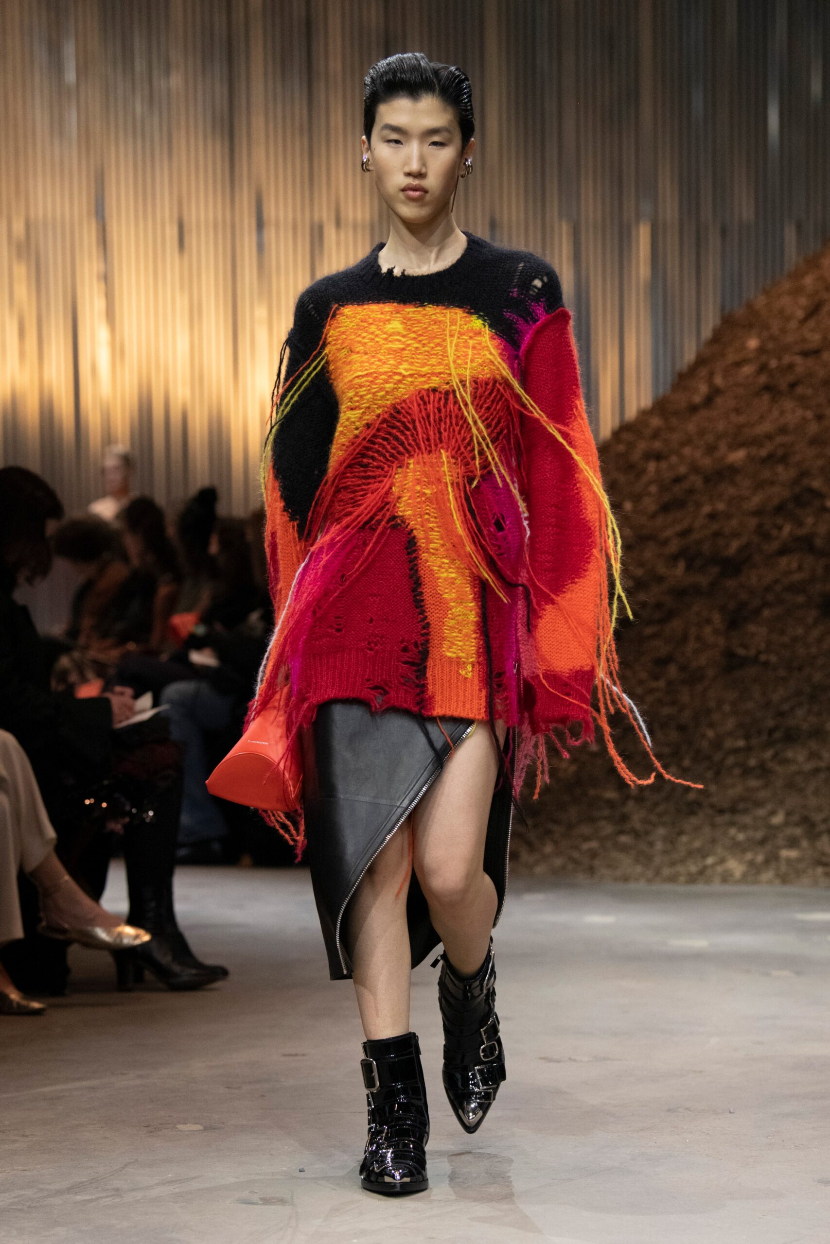 red wool long-sleeve oversized fringed sweater