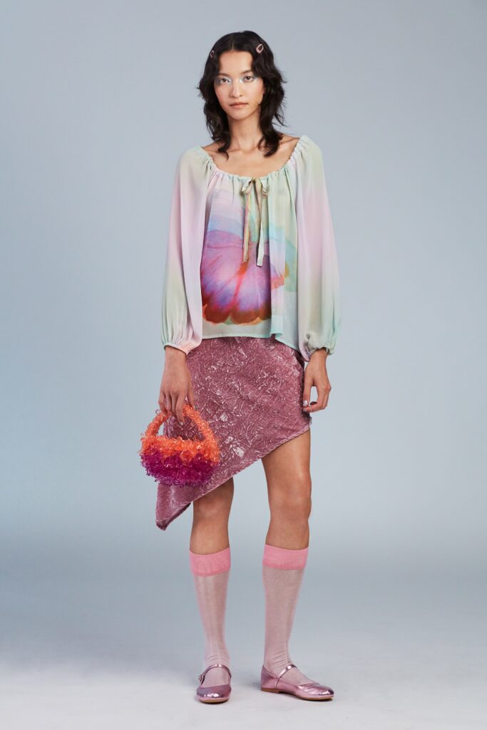 relaxed silk top with asymmetric skirt