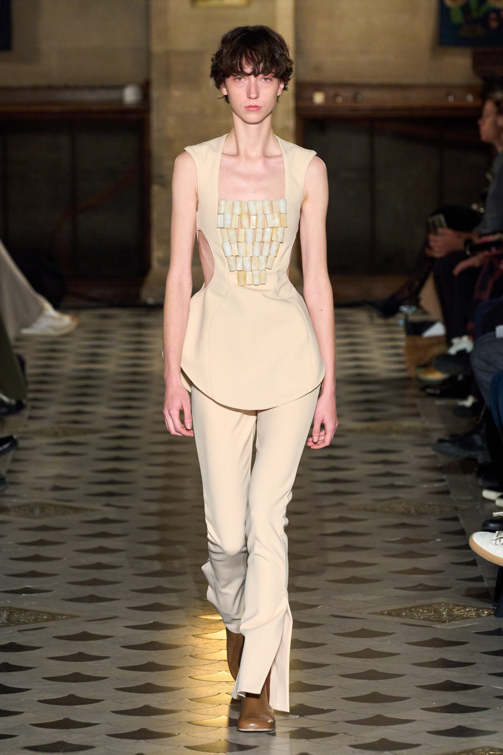 beige cotton fitted flared pants