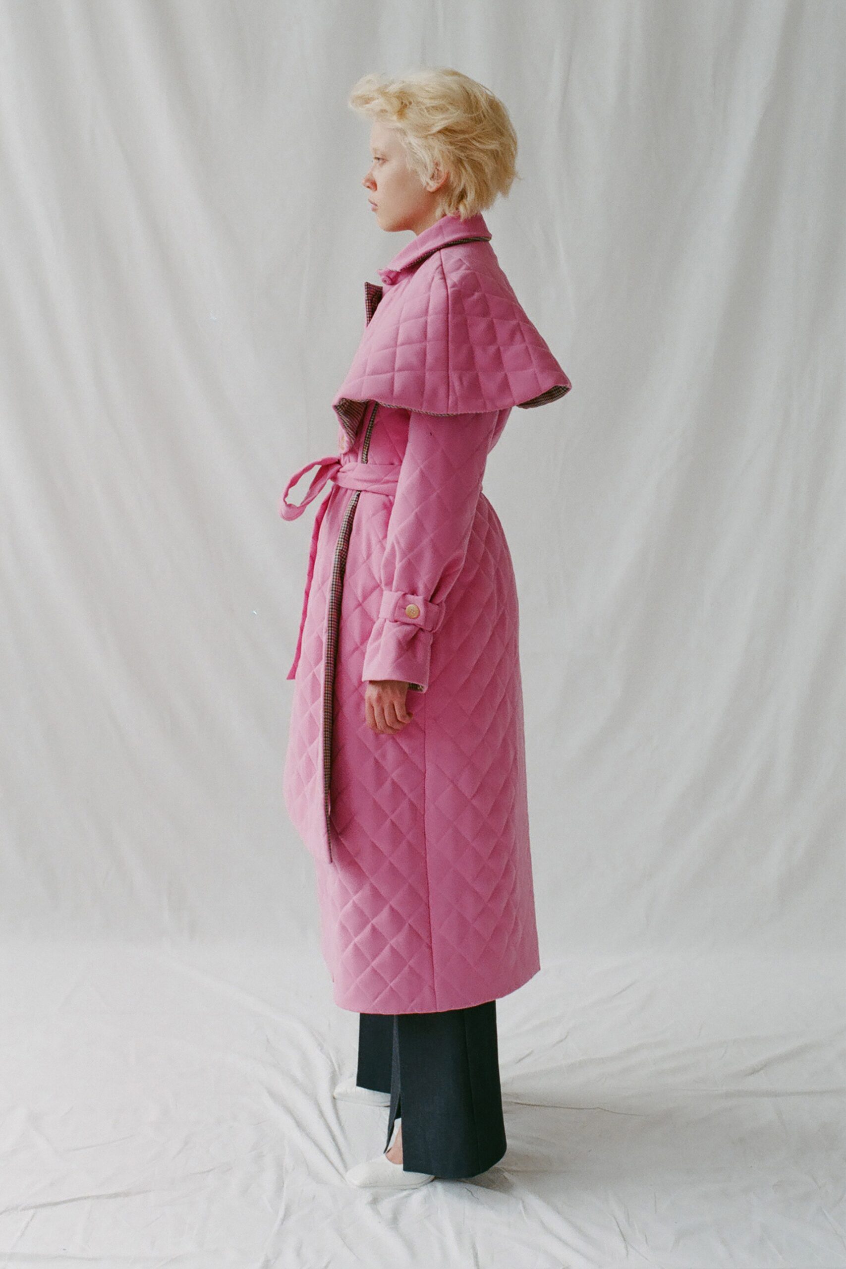 pink cotton long-sleeve collared fitted quilted belted coat