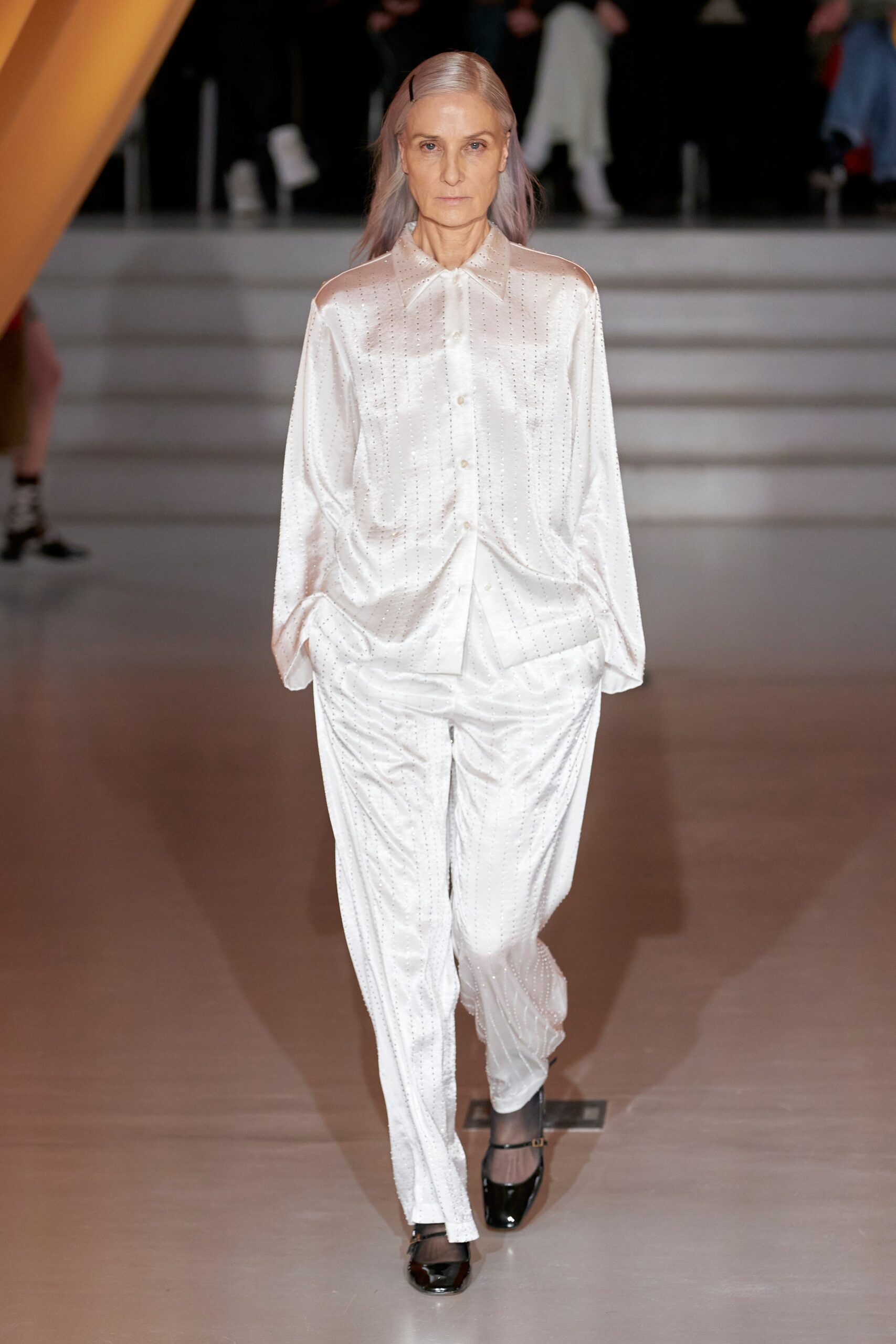white silk relaxed shirt and pants