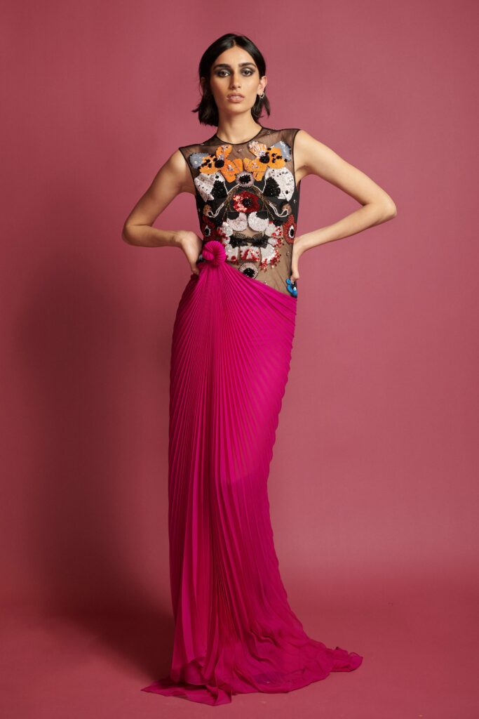 black and pink pleated dress