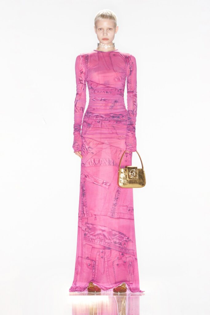 A fitted pink sheer dress with long sleeves, a high neckline, and a printed design.