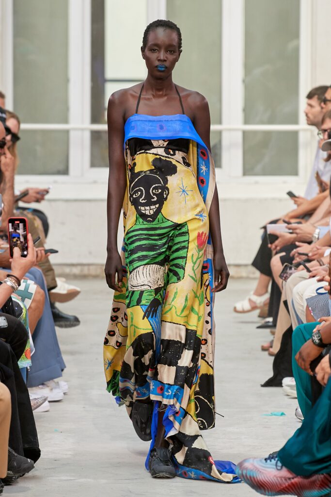 multi-colored silk off-shoulder dress