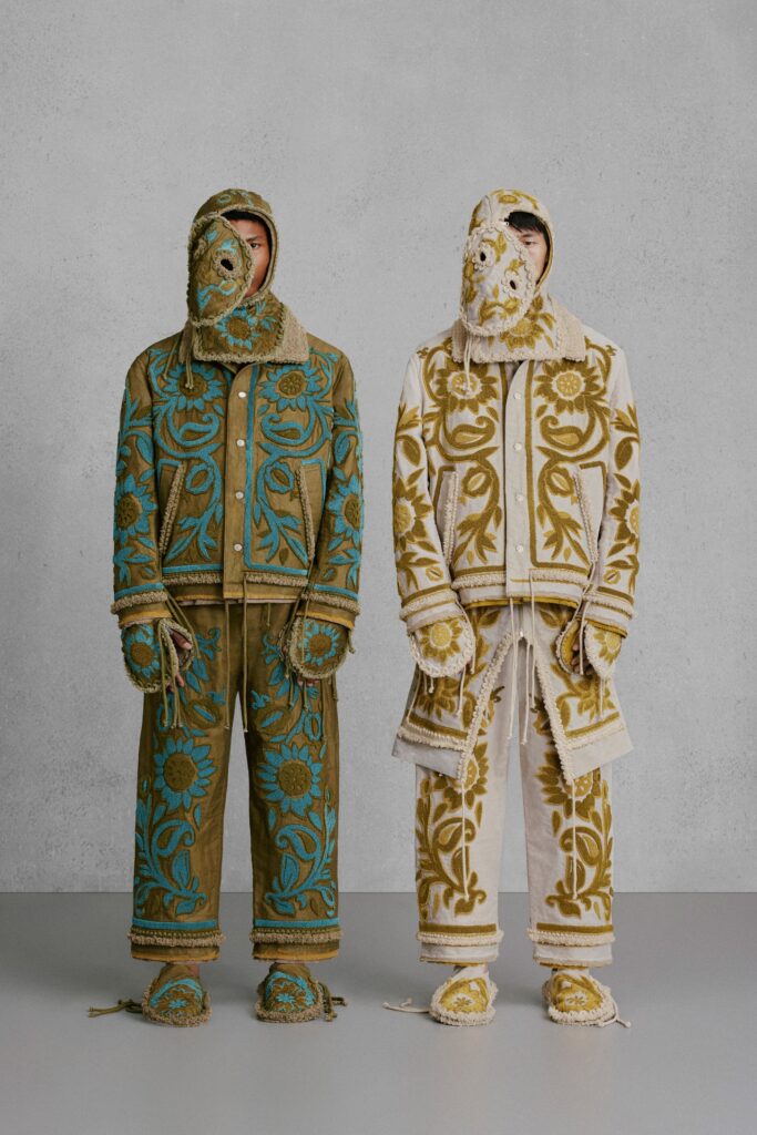 embroidered brown and blue jacket and pants